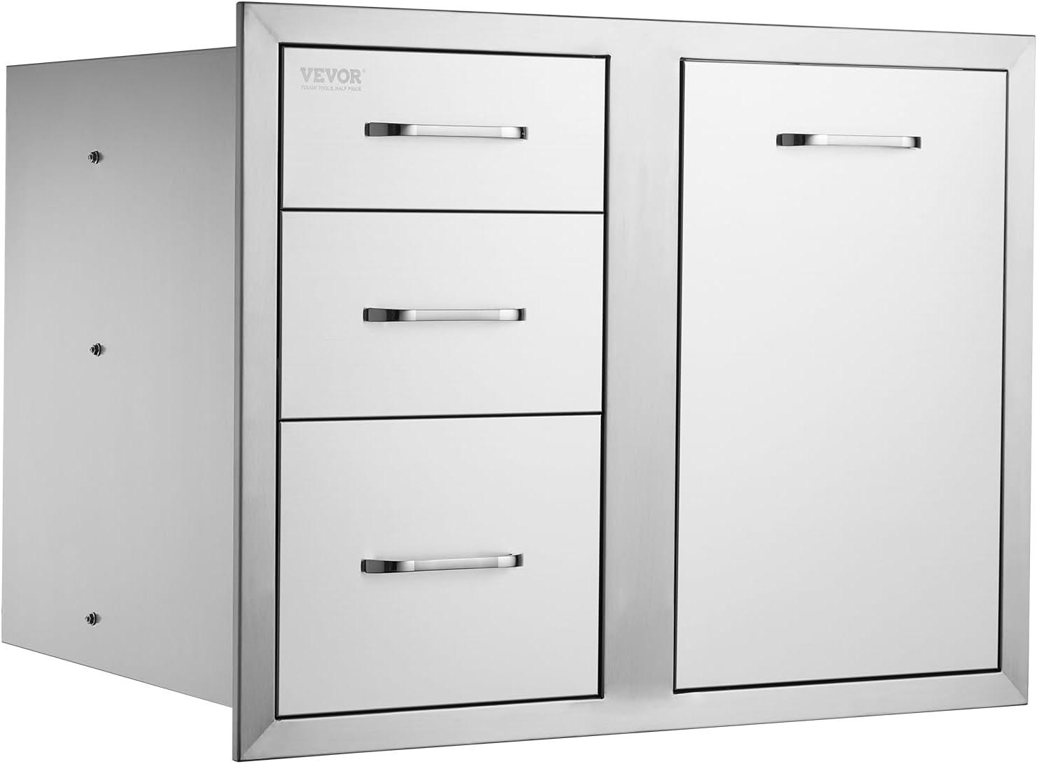 image:imageVEVOR PullOut Trash Drawer 134W x 257H x 196D Lower Sliding Rails Steel RollOut Trash Bin PullOut Tray Outdoor Handled Kitchen Trash Drawer for BBQ Island Grill Station Trash Can NOT IncludedDrawerDoor Combo