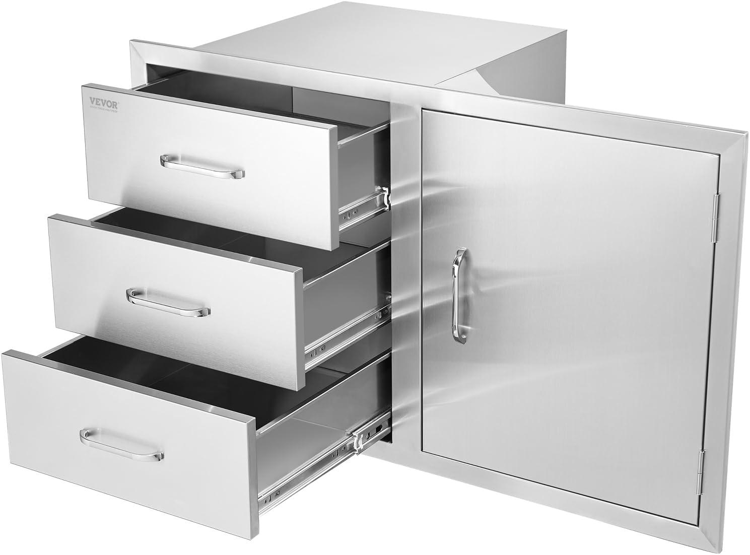 image:imageVEVOR PullOut Trash Drawer 134W x 257H x 196D Lower Sliding Rails Steel RollOut Trash Bin PullOut Tray Outdoor Handled Kitchen Trash Drawer for BBQ Island Grill Station Trash Can NOT IncludedDrawerDoor Combo
