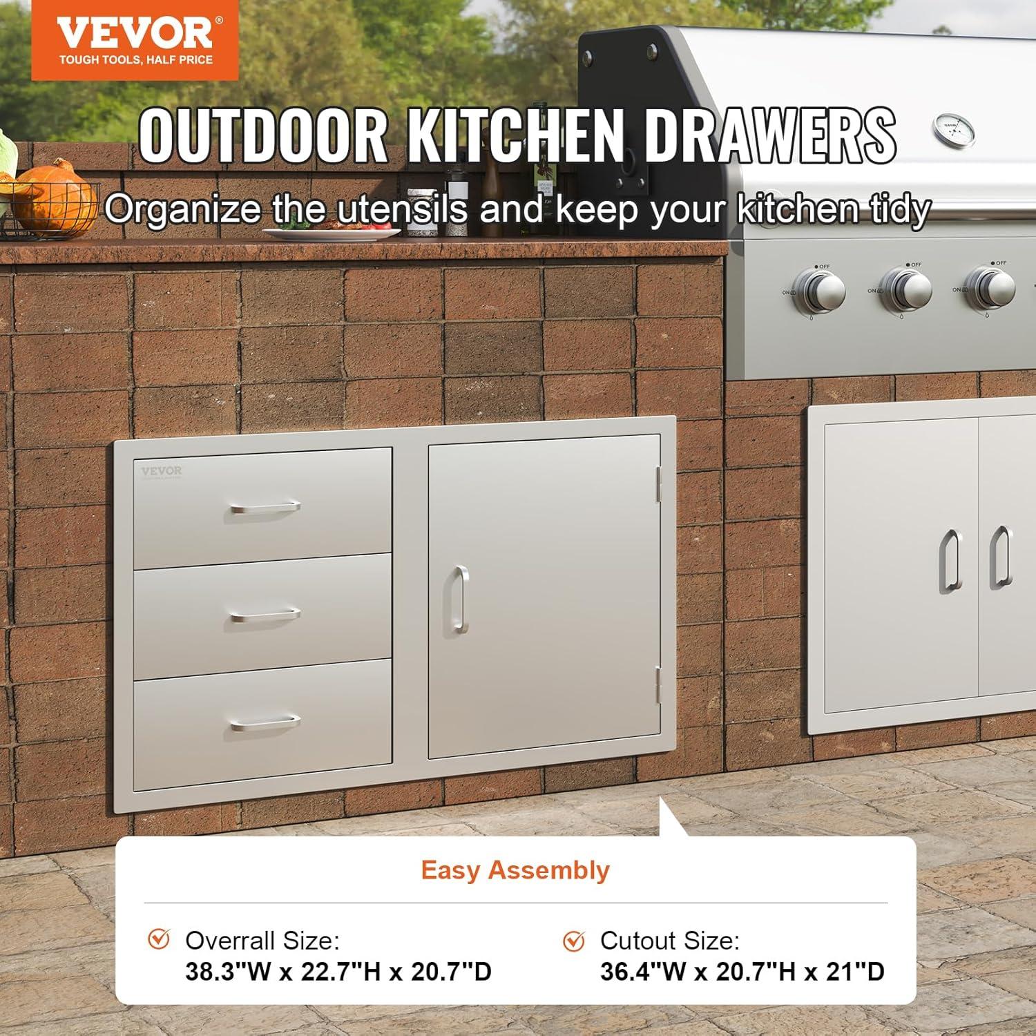 image:imageVEVOR PullOut Trash Drawer 134W x 257H x 196D Lower Sliding Rails Steel RollOut Trash Bin PullOut Tray Outdoor Handled Kitchen Trash Drawer for BBQ Island Grill Station Trash Can NOT IncludedDrawerDoor Combo