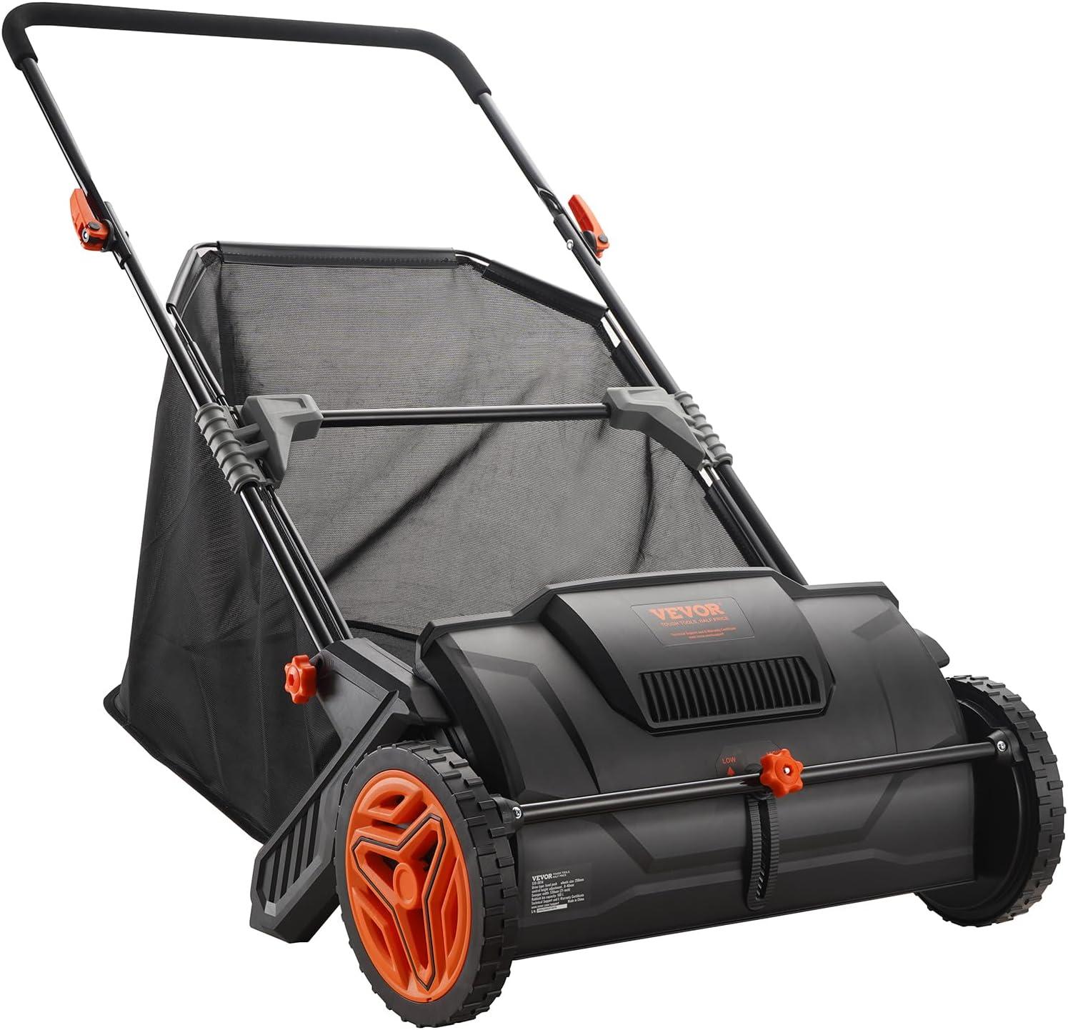 image:imageVEVOR Push Lawn Sweeper 26 Inch Leaf amp Grass Collector Strong Rubber Wheels amp Heavy Duty Thickened Steel Durable to Use with Large Capacity 7 ft Mesh Collection Bag 4 Spinning Brushes21 inch