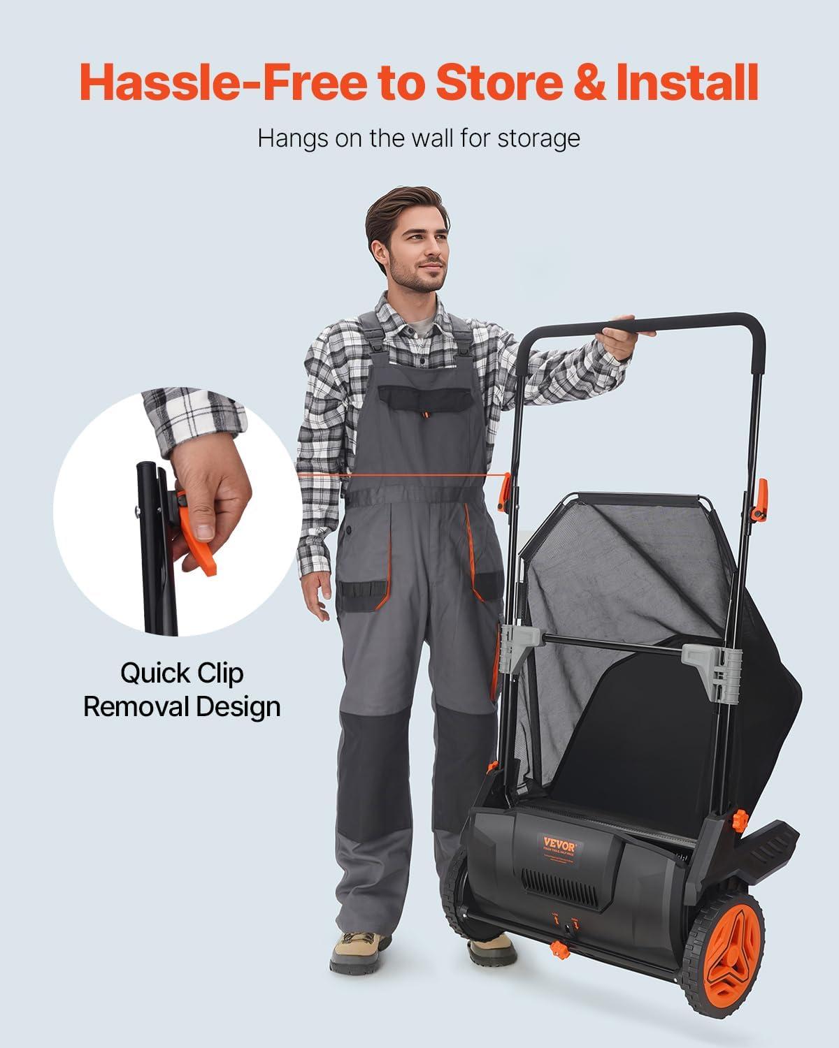 image:imageVEVOR Push Lawn Sweeper 26 Inch Leaf amp Grass Collector Strong Rubber Wheels amp Heavy Duty Thickened Steel Durable to Use with Large Capacity 7 ft Mesh Collection Bag 4 Spinning Brushes21 inch