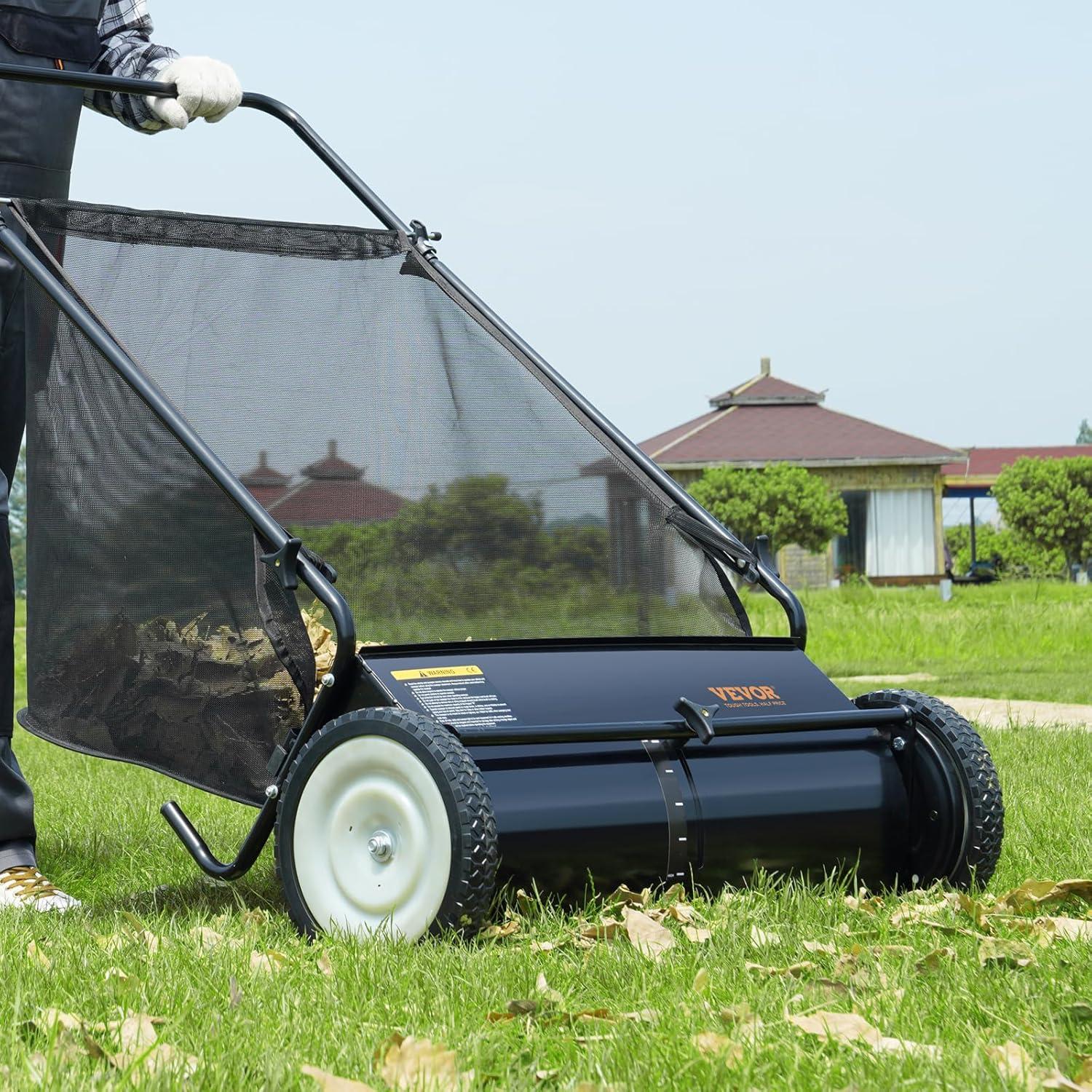 image:imageVEVOR Push Lawn Sweeper 26 Inch Leaf amp Grass Collector Strong Rubber Wheels amp Heavy Duty Thickened Steel Durable to Use with Large Capacity 7 ft Mesh Collection Bag 4 Spinning Brushes26 inch