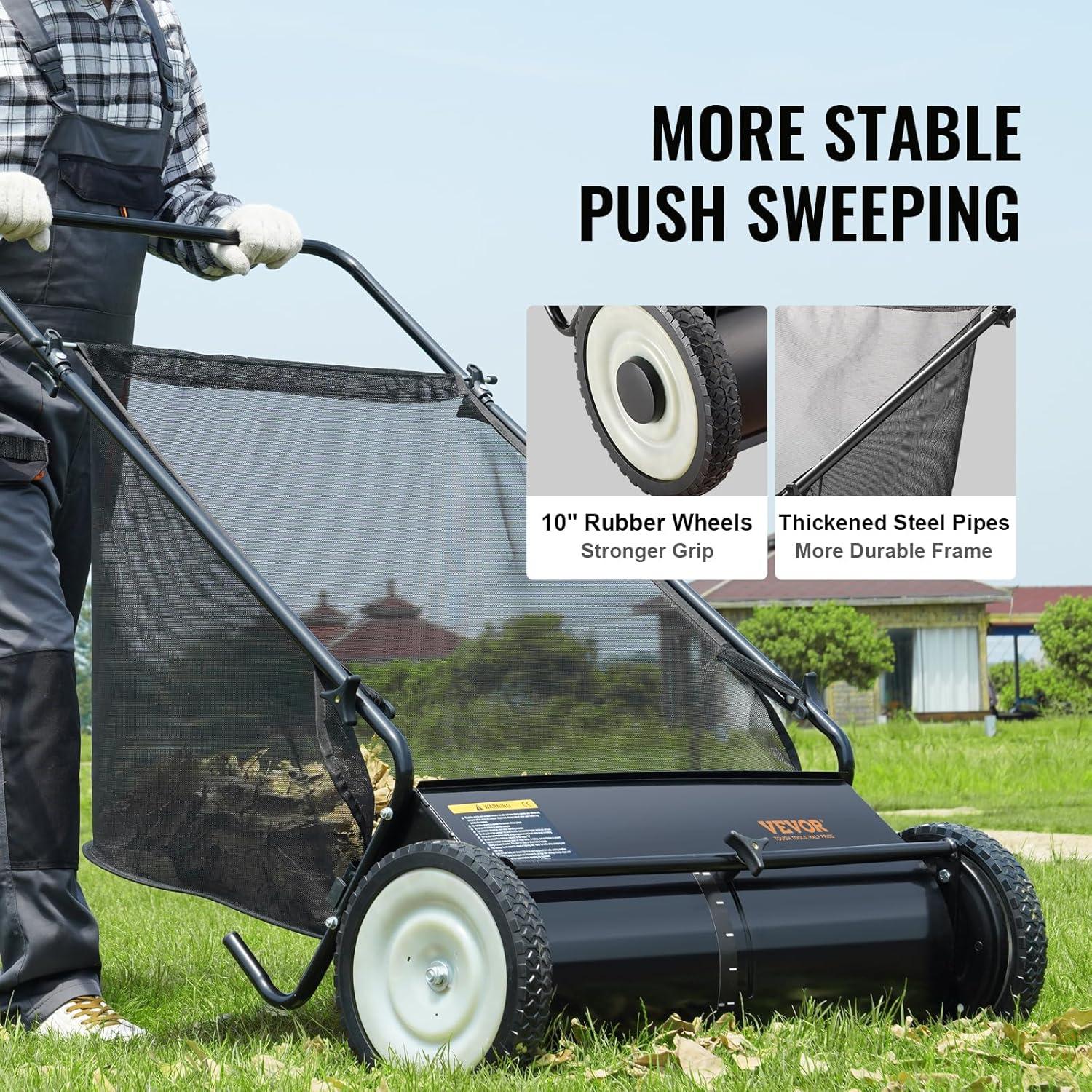 image:imageVEVOR Push Lawn Sweeper 26 Inch Leaf amp Grass Collector Strong Rubber Wheels amp Heavy Duty Thickened Steel Durable to Use with Large Capacity 7 ft Mesh Collection Bag 4 Spinning Brushes26 inch