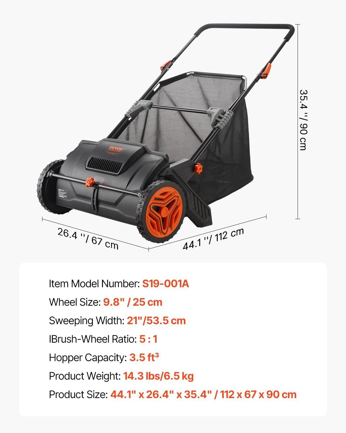 image:imageVEVOR Push Lawn Sweeper 26 Inch Leaf amp Grass Collector Strong Rubber Wheels amp Heavy Duty Thickened Steel Durable to Use with Large Capacity 7 ft Mesh Collection Bag 4 Spinning Brushes21 inch