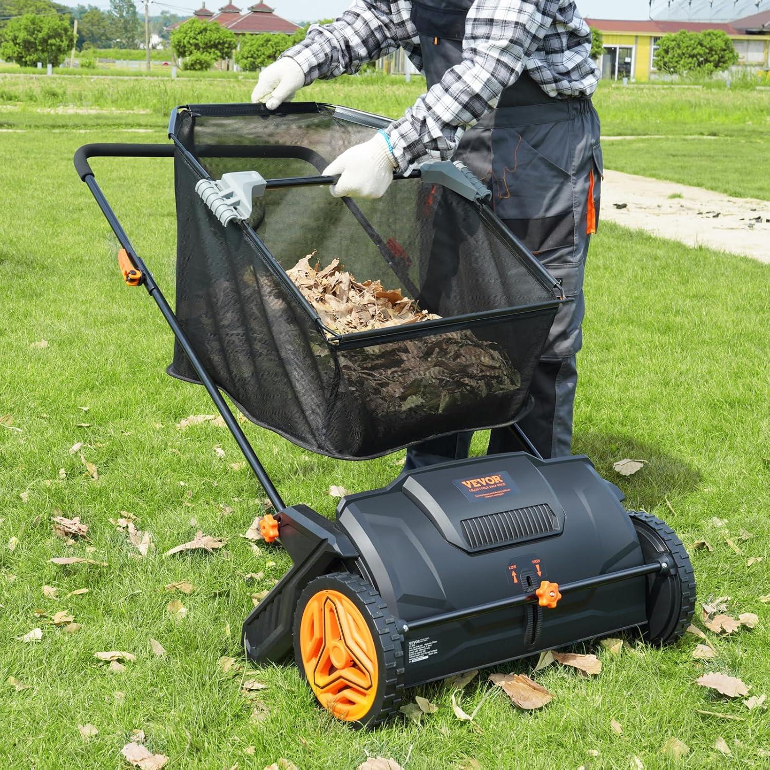 image:imageVEVOR Push Lawn Sweeper 26 Inch Leaf amp Grass Collector Strong Rubber Wheels amp Heavy Duty Thickened Steel Durable to Use with Large Capacity 7 ft Mesh Collection Bag 4 Spinning Brushes21 inch