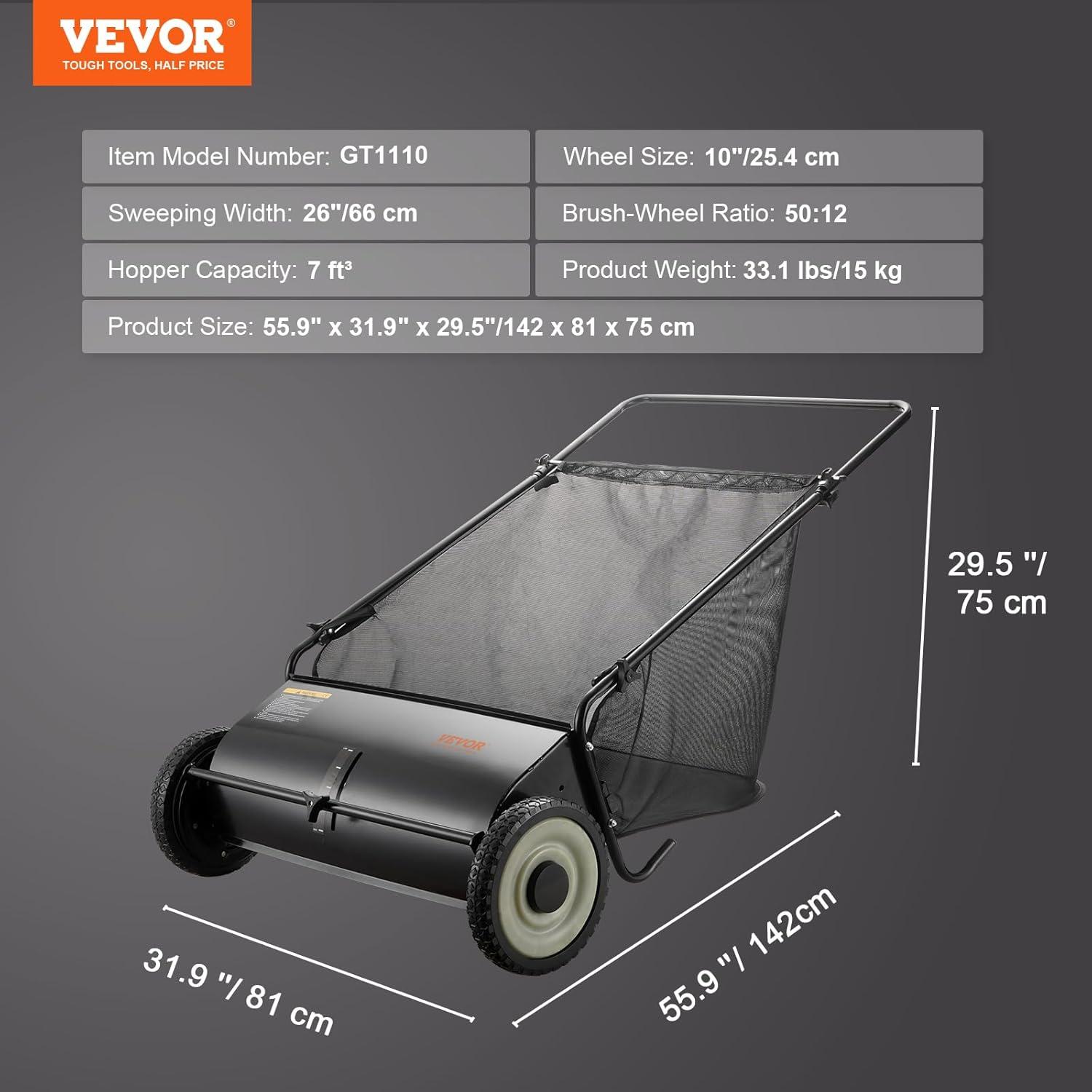 image:imageVEVOR Push Lawn Sweeper 26 Inch Leaf amp Grass Collector Strong Rubber Wheels amp Heavy Duty Thickened Steel Durable to Use with Large Capacity 7 ft Mesh Collection Bag 4 Spinning Brushes26 inch