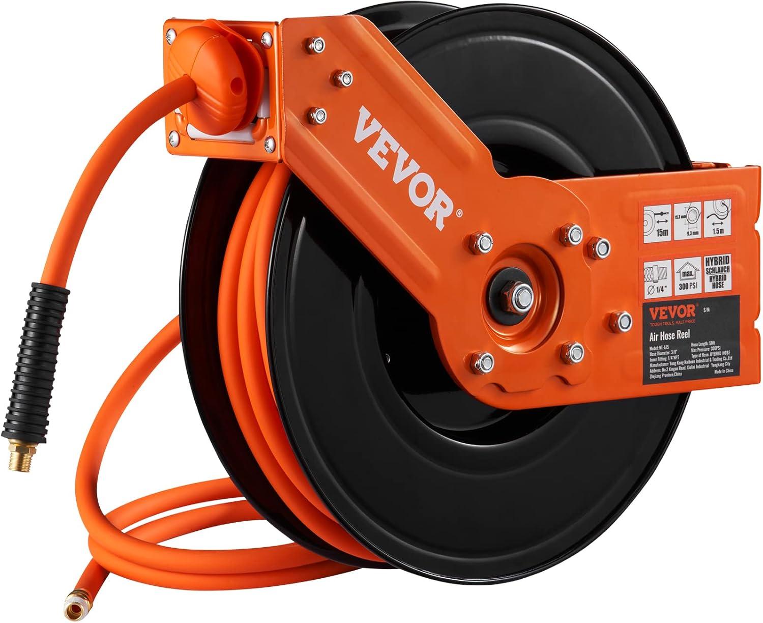 image:imageVEVOR Retractable Air Hose Reel 38 IN x 50 FT Hybrid Air Hose Max 300PSI Air Compressor Hose Reel with 5 ft Lead in CeilingWall Mount Heavy Duty Single Arm Steel ReelOpen Reel