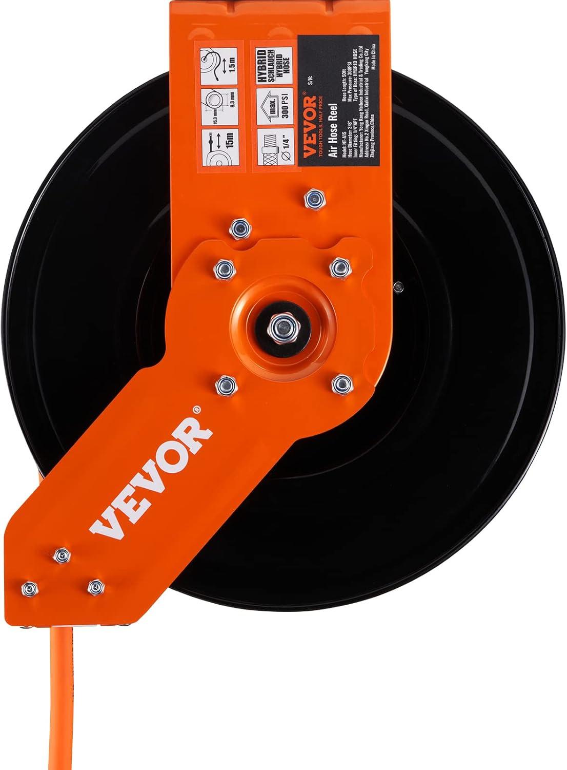 image:imageVEVOR Retractable Air Hose Reel 38 IN x 50 FT Hybrid Air Hose Max 300PSI Air Compressor Hose Reel with 5 ft Lead in CeilingWall Mount Heavy Duty Single Arm Steel ReelOpen Reel
