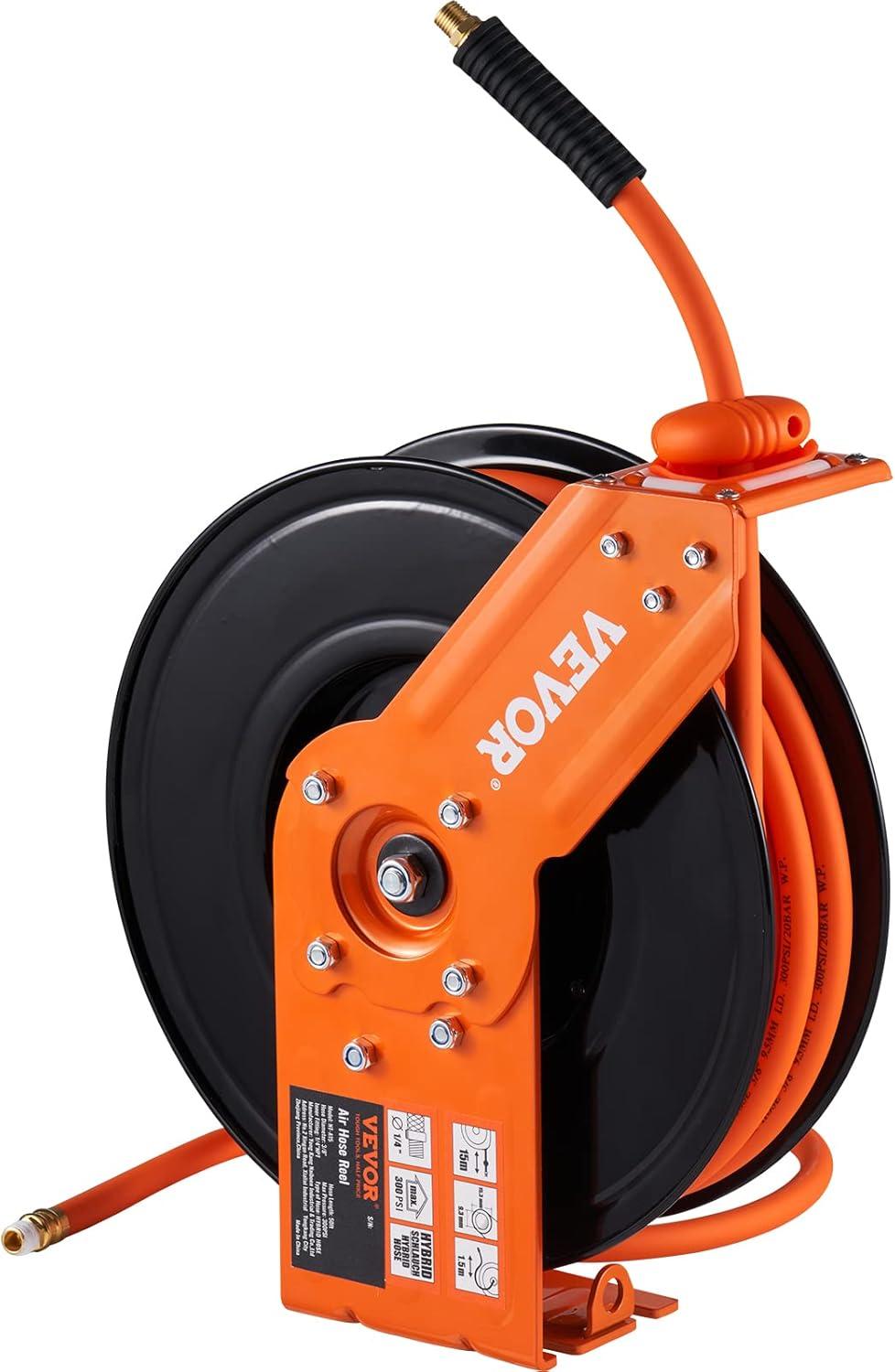 image:imageVEVOR Retractable Air Hose Reel 38 IN x 50 FT Hybrid Air Hose Max 300PSI Air Compressor Hose Reel with 5 ft Lead in CeilingWall Mount Heavy Duty Single Arm Steel ReelOpen Reel