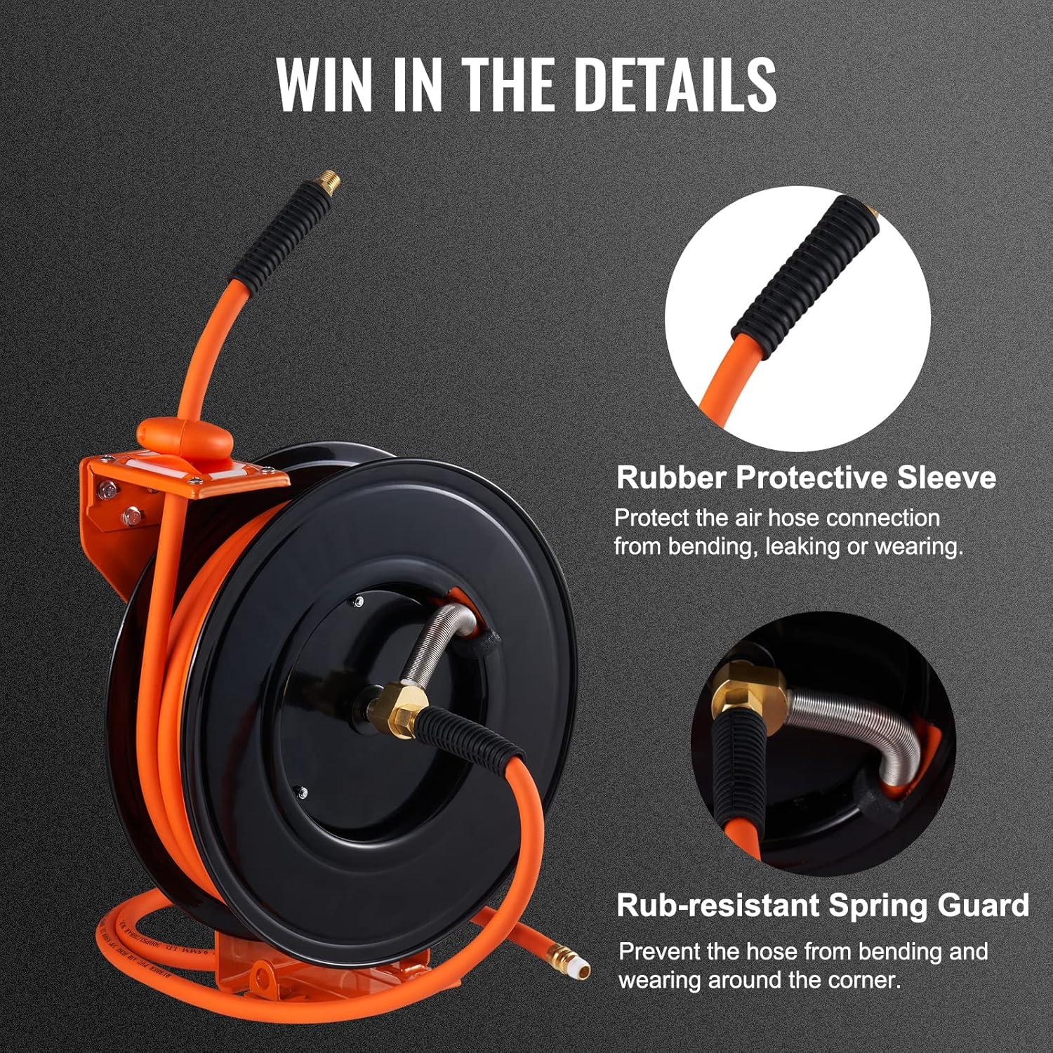 image:imageVEVOR Retractable Air Hose Reel 38 IN x 50 FT Hybrid Air Hose Max 300PSI Air Compressor Hose Reel with 5 ft Lead in CeilingWall Mount Heavy Duty Single Arm Steel ReelOpen Reel