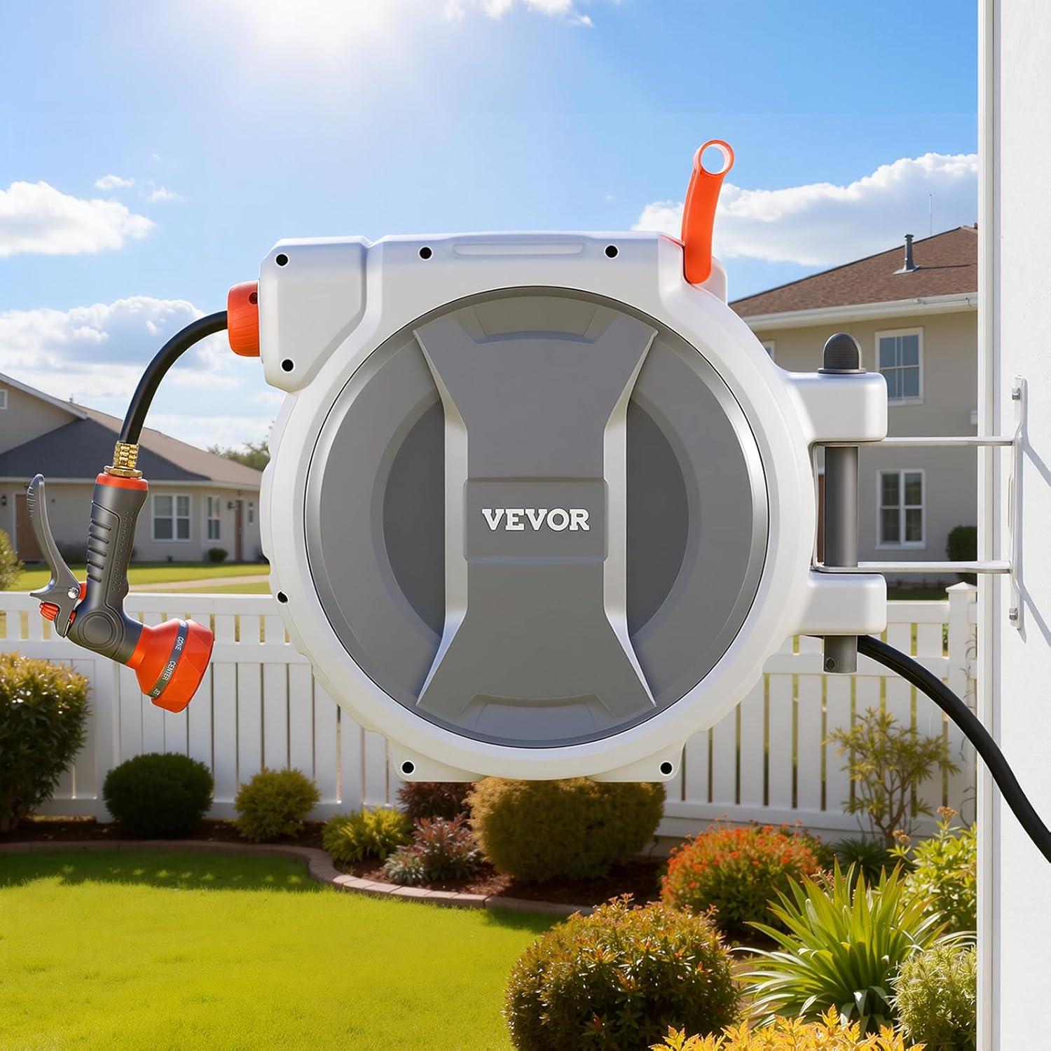 image:imageVEVOR Retractable Garden Hose Reel 12 Inch x 65 ft Wall Mounted Heavy Duty Garden Hose Reel with 9 Patterns Nozzle Any Length Lock Upgraded Slow Return System and 180Swivel Bracket12 100ft