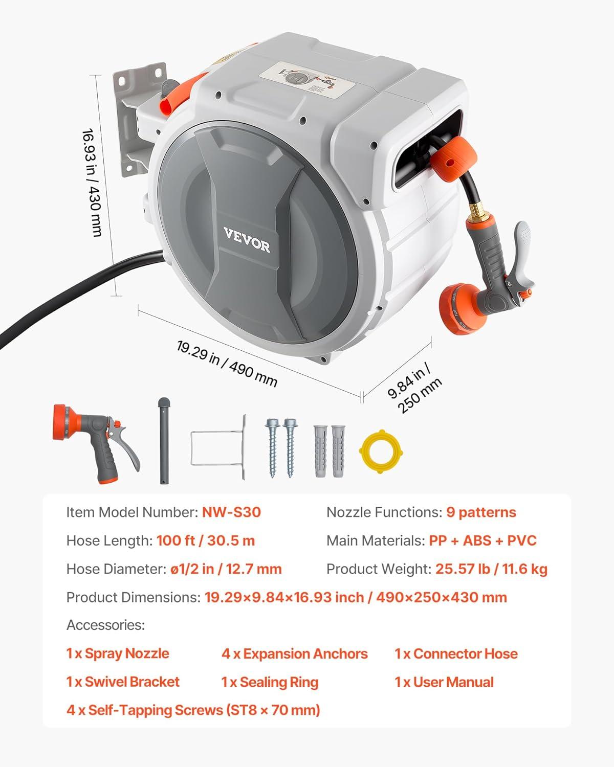 image:imageVEVOR Retractable Garden Hose Reel 12 Inch x 65 ft Wall Mounted Heavy Duty Garden Hose Reel with 9 Patterns Nozzle Any Length Lock Upgraded Slow Return System and 180Swivel Bracket12 100ft