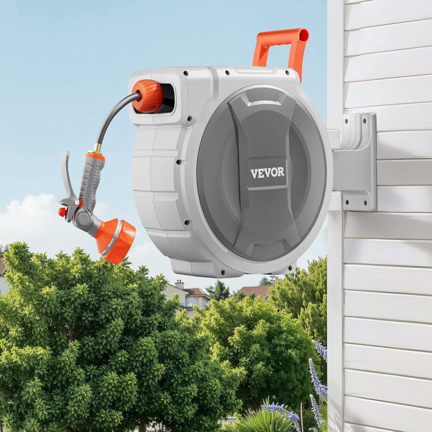 image:imageVEVOR Retractable Garden Hose Reel 12 Inch x 65 ft Wall Mounted Heavy Duty Garden Hose Reel with 9 Patterns Nozzle Any Length Lock Upgraded Slow Return System and 180Swivel Bracket65ft
