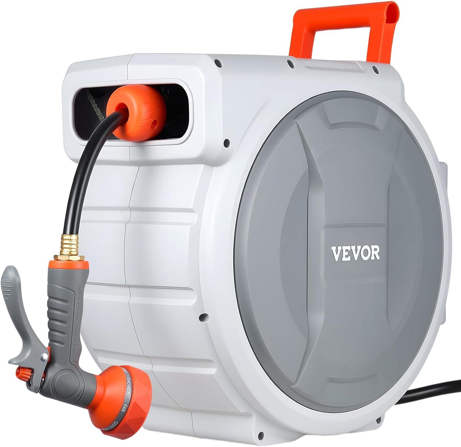 image:imageVEVOR Retractable Garden Hose Reel 12 Inch x 65 ft Wall Mounted Heavy Duty Garden Hose Reel with 9 Patterns Nozzle Any Length Lock Upgraded Slow Return System and 180Swivel Bracket12 100ft