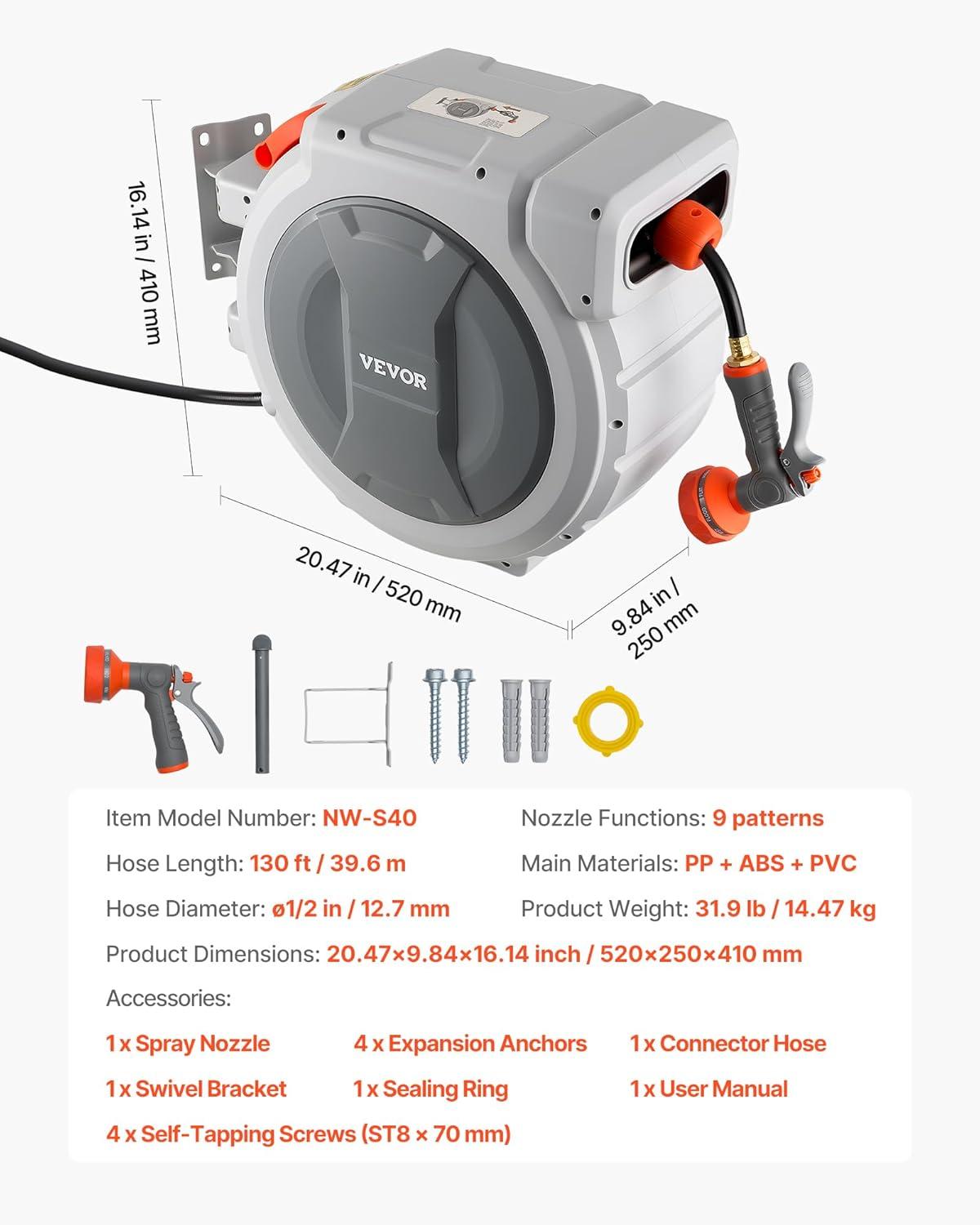 image:imageVEVOR Retractable Garden Hose Reel 12 Inch x 65 ft Wall Mounted Heavy Duty Garden Hose Reel with 9 Patterns Nozzle Any Length Lock Upgraded Slow Return System and 180Swivel Bracket12 130ft