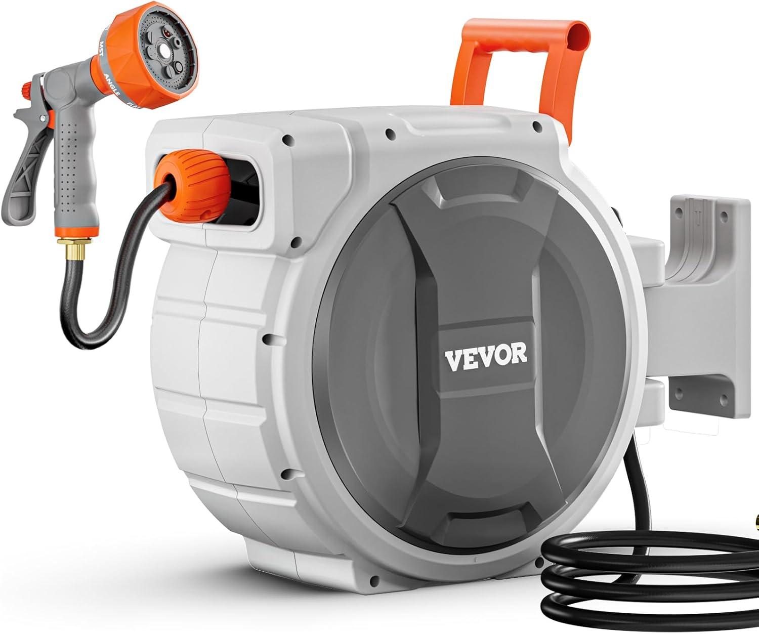 image:imageVEVOR Retractable Garden Hose Reel 12 Inch x 65 ft Wall Mounted Heavy Duty Garden Hose Reel with 9 Patterns Nozzle Any Length Lock Upgraded Slow Return System and 180Swivel Bracket84ft