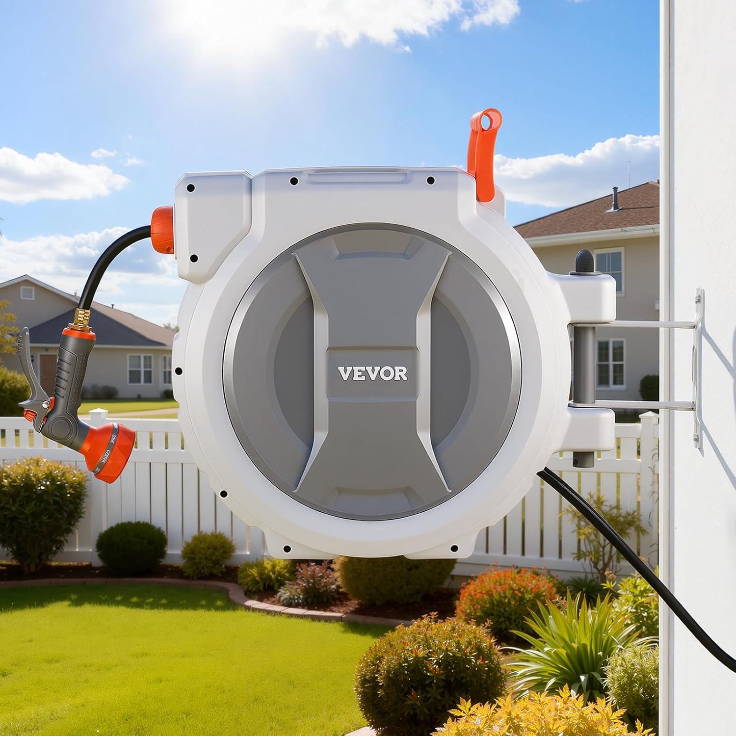 image:imageVEVOR Retractable Garden Hose Reel 12 Inch x 65 ft Wall Mounted Heavy Duty Garden Hose Reel with 9 Patterns Nozzle Any Length Lock Upgraded Slow Return System and 180Swivel Bracket12 130ft