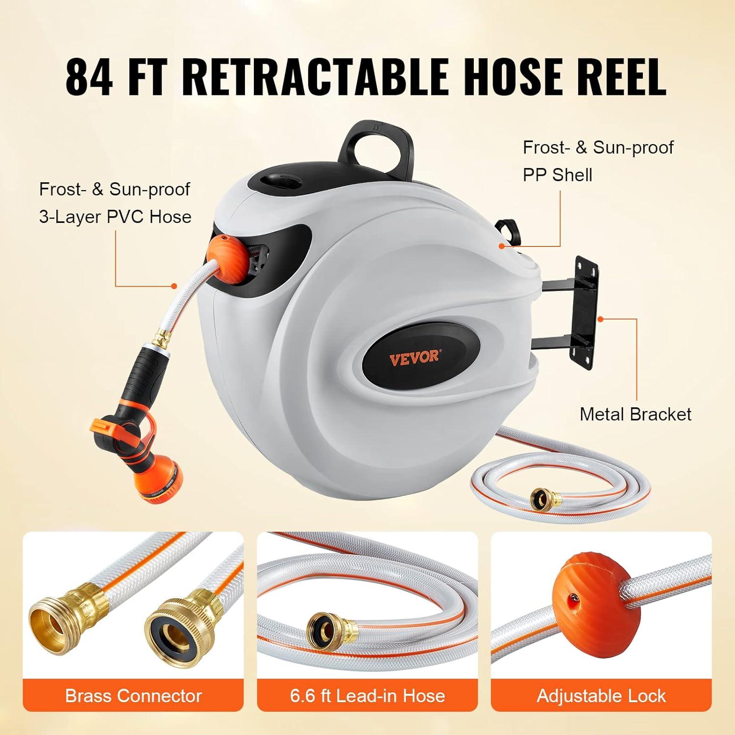 image:imageVEVOR Retractable Hose Reel 65 ft x 58 inch 180 Swivel Bracket WallMounted Garden Water Hose Reel with 9Pattern Nozzle Automatic Rewind Lock at Any Length and Slow Return System84 ft