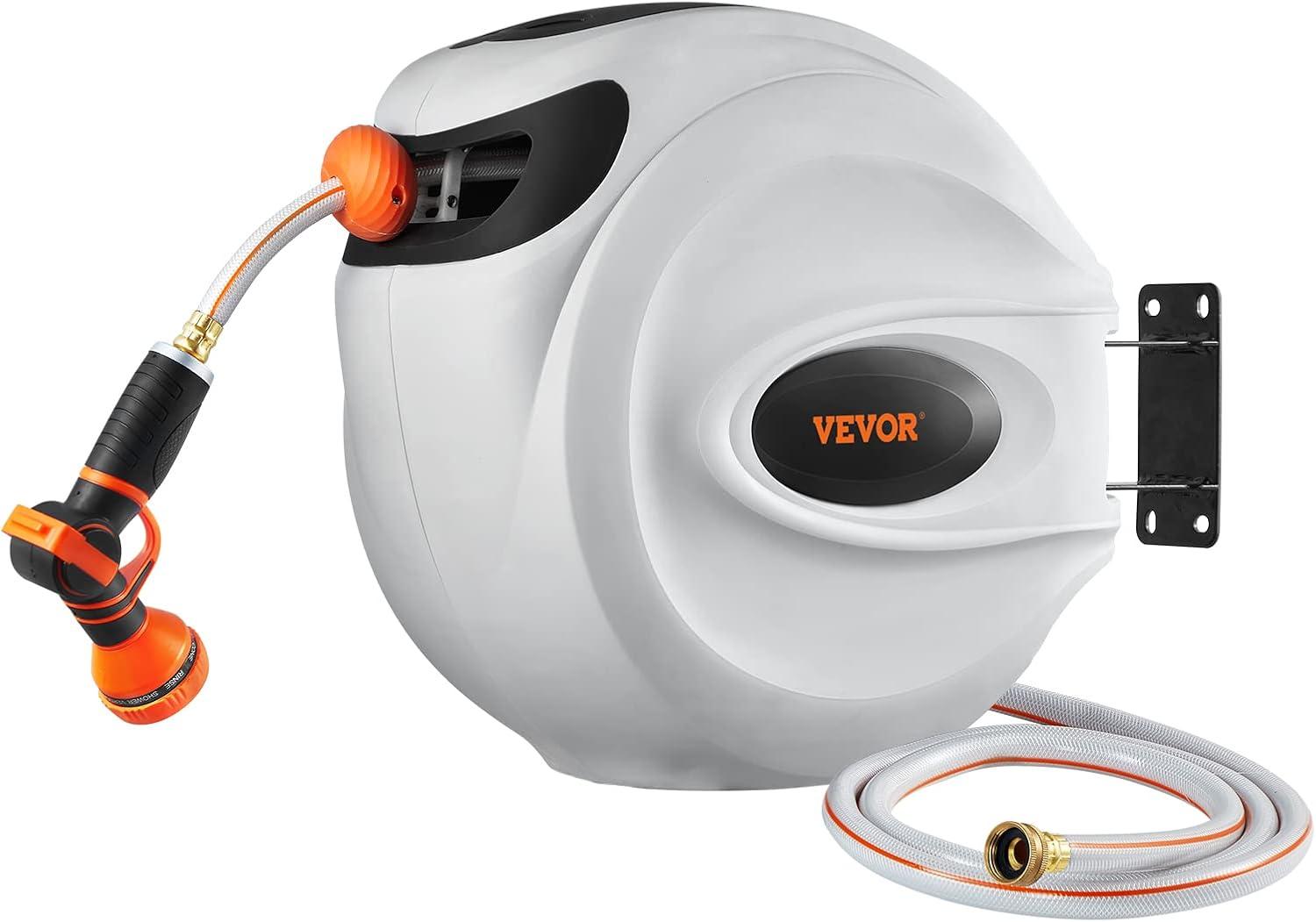 image:imageVEVOR Retractable Hose Reel 65 ft x 58 inch 180 Swivel Bracket WallMounted Garden Water Hose Reel with 9Pattern Nozzle Automatic Rewind Lock at Any Length and Slow Return System84 ft