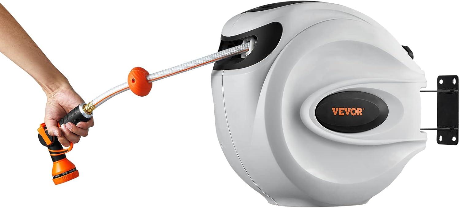 image:imageVEVOR Retractable Hose Reel 65 ft x 58 inch 180 Swivel Bracket WallMounted Garden Water Hose Reel with 9Pattern Nozzle Automatic Rewind Lock at Any Length and Slow Return System130 ft