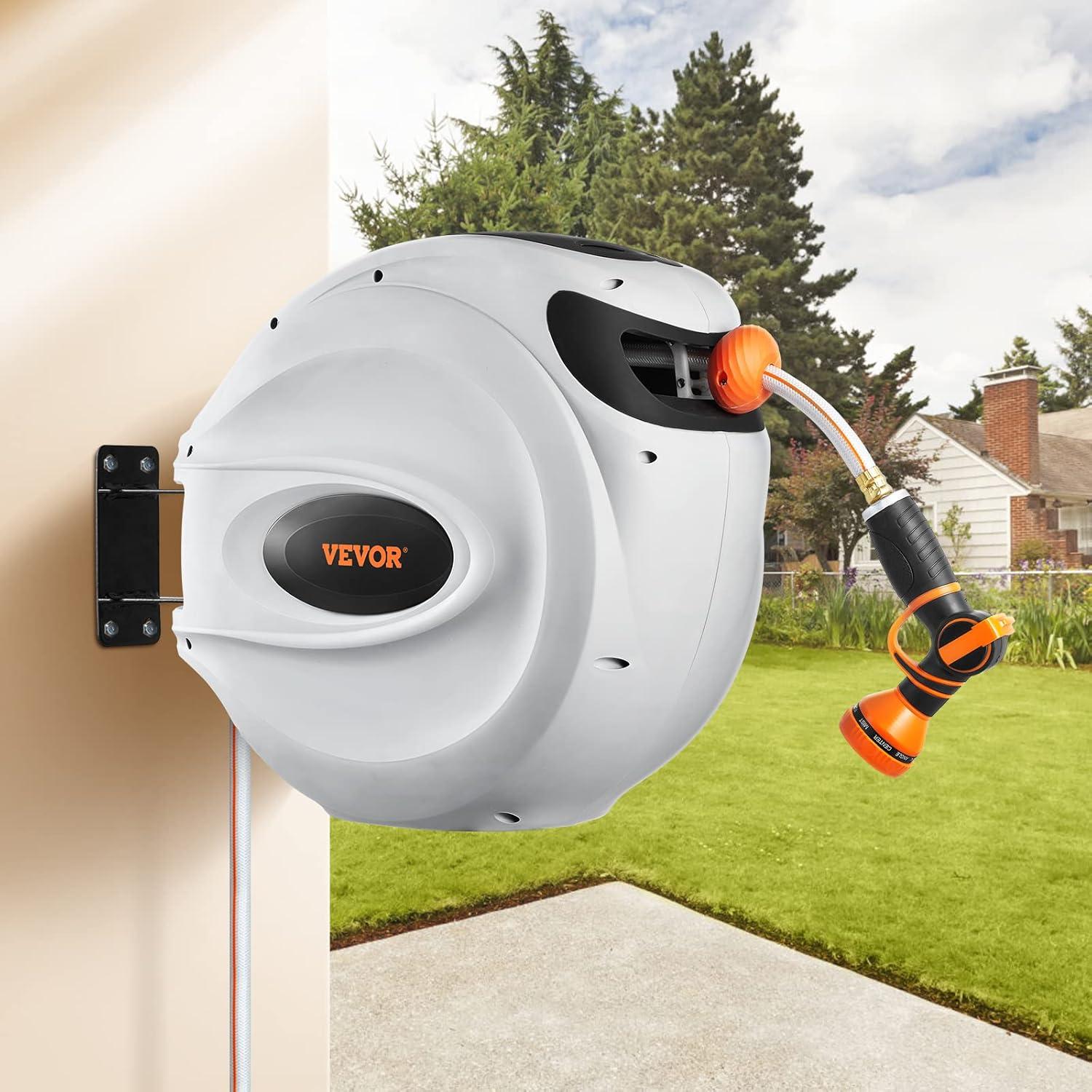 image:imageVEVOR Retractable Hose Reel 65 ft x 58 inch 180 Swivel Bracket WallMounted Garden Water Hose Reel with 9Pattern Nozzle Automatic Rewind Lock at Any Length and Slow Return System130 ft