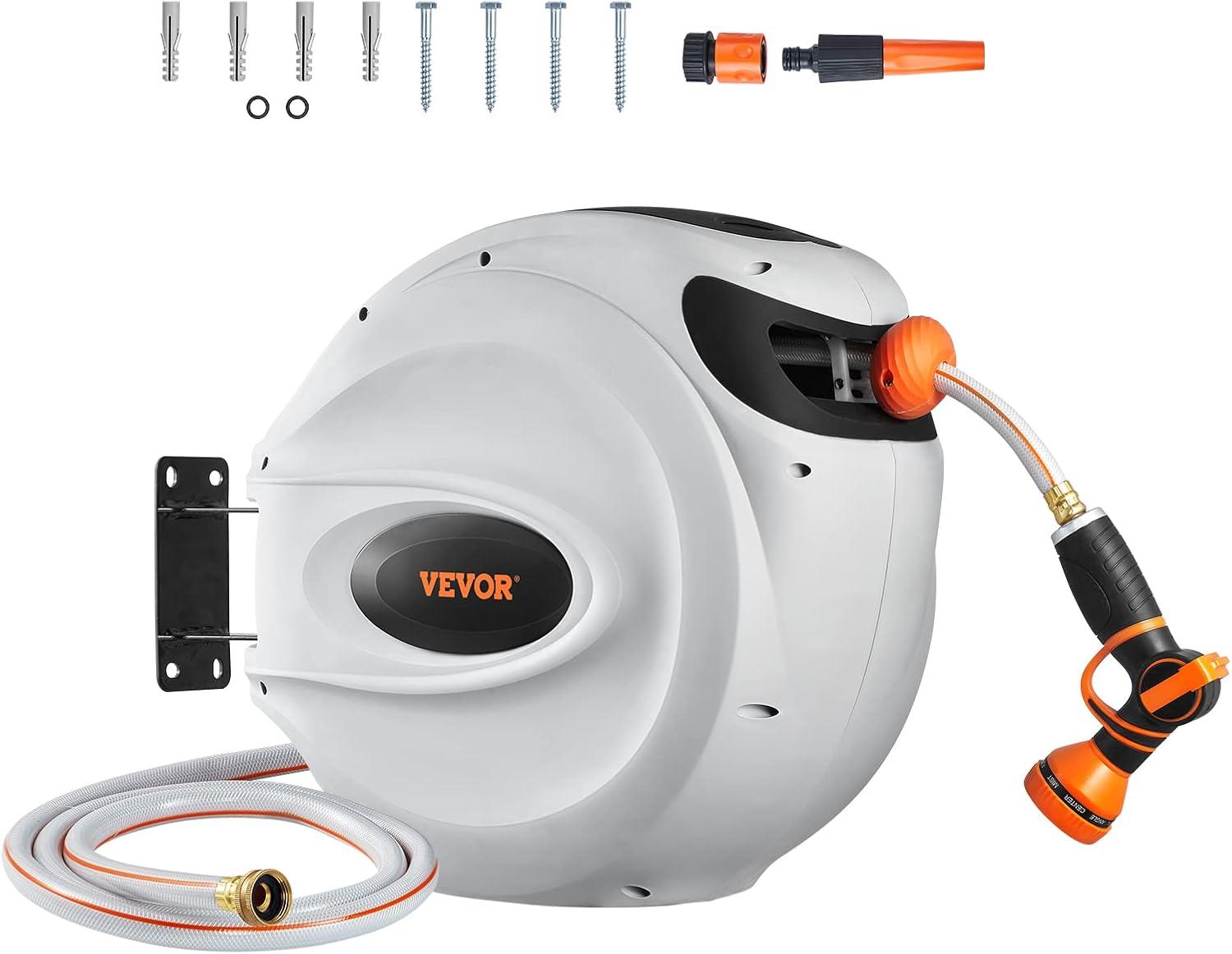 image:imageVEVOR Retractable Hose Reel 65 ft x 58 inch 180 Swivel Bracket WallMounted Garden Water Hose Reel with 9Pattern Nozzle Automatic Rewind Lock at Any Length and Slow Return System130 ft