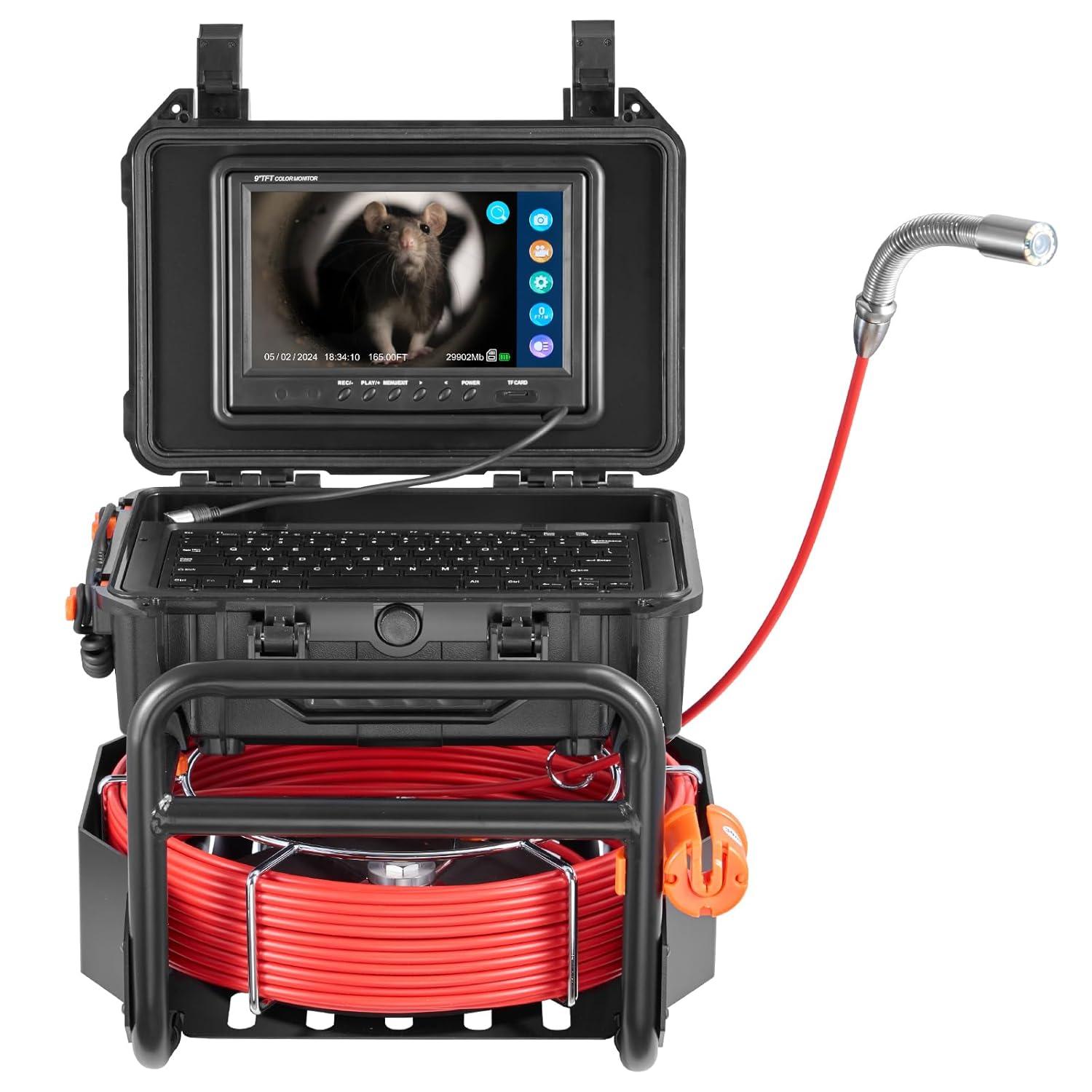 image:imageVEVOR Sewer Camera 165 ft50m SelfLeveling Drain Camera with 512Hz Transmitter Distance Counter 9 Screen 1080P HD Snake Plumbing Cameras with Lights12 LED amp 32GB Card for Duct Pipe