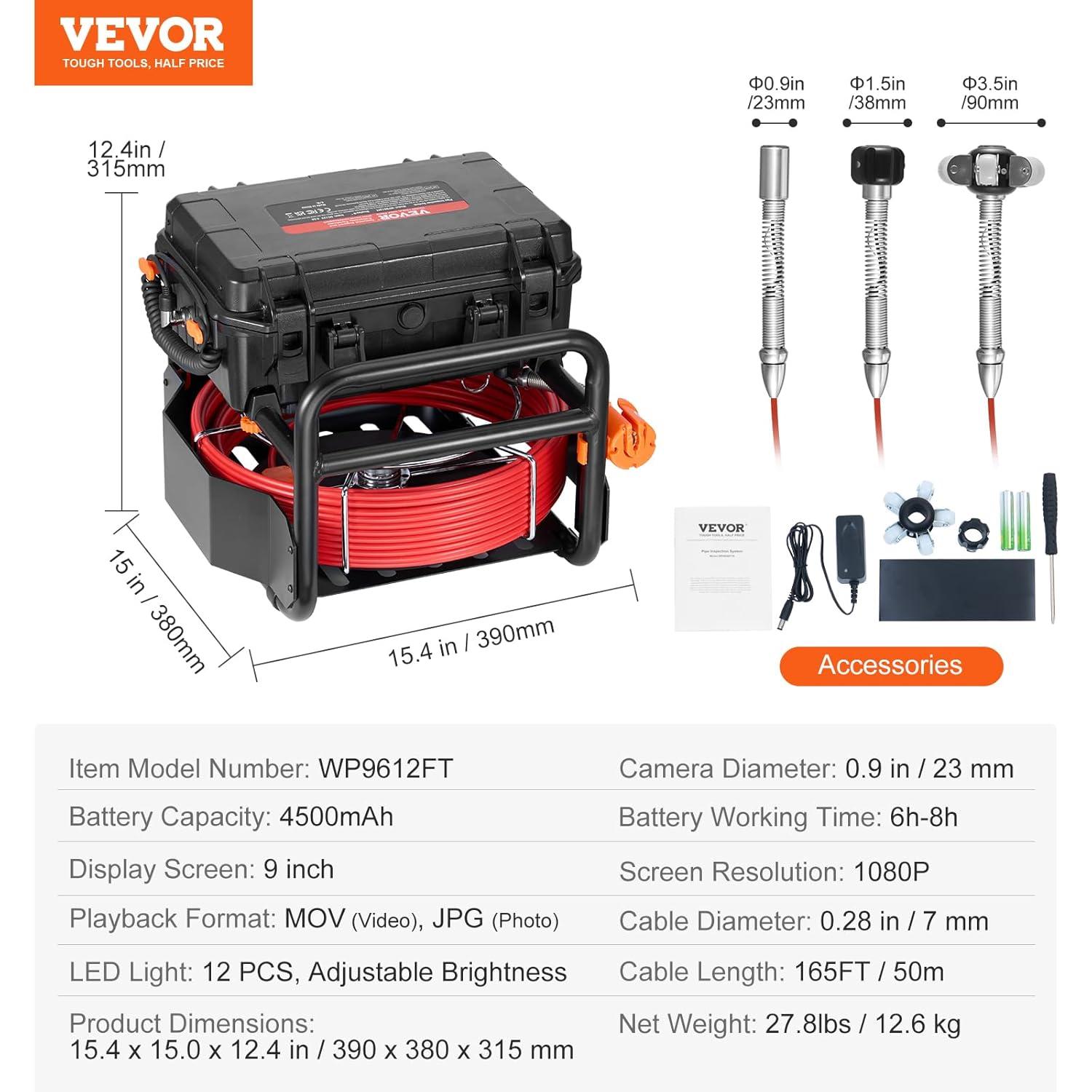 image:imageVEVOR Sewer Camera 165 ft50m SelfLeveling Drain Camera with 512Hz Transmitter Distance Counter 9 Screen 1080P HD Snake Plumbing Cameras with Lights12 LED amp 32GB Card for Duct Pipe