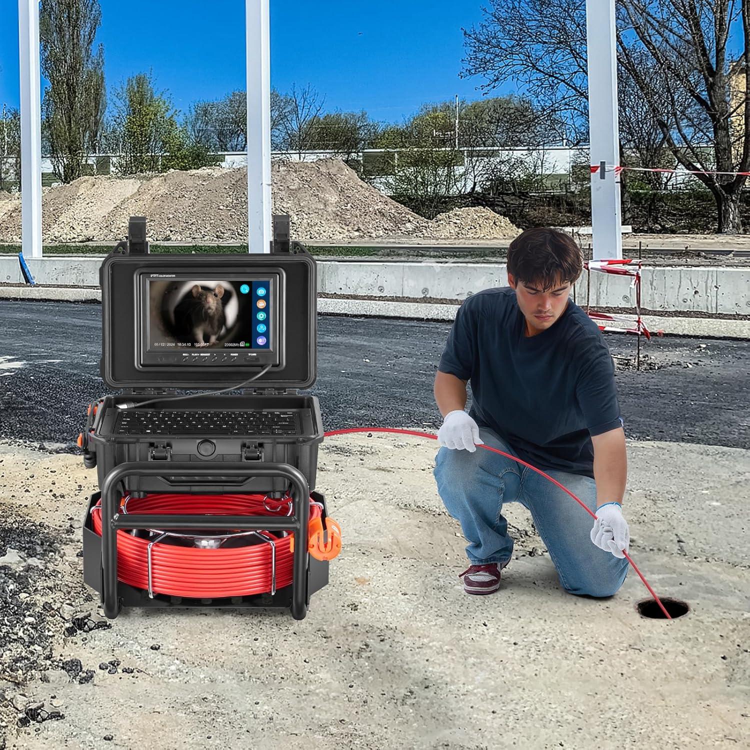 image:imageVEVOR Sewer Camera 165 ft50m SelfLeveling Drain Camera with 512Hz Transmitter Distance Counter 9 Screen 1080P HD Snake Plumbing Cameras with Lights12 LED amp 32GB Card for Duct Pipe