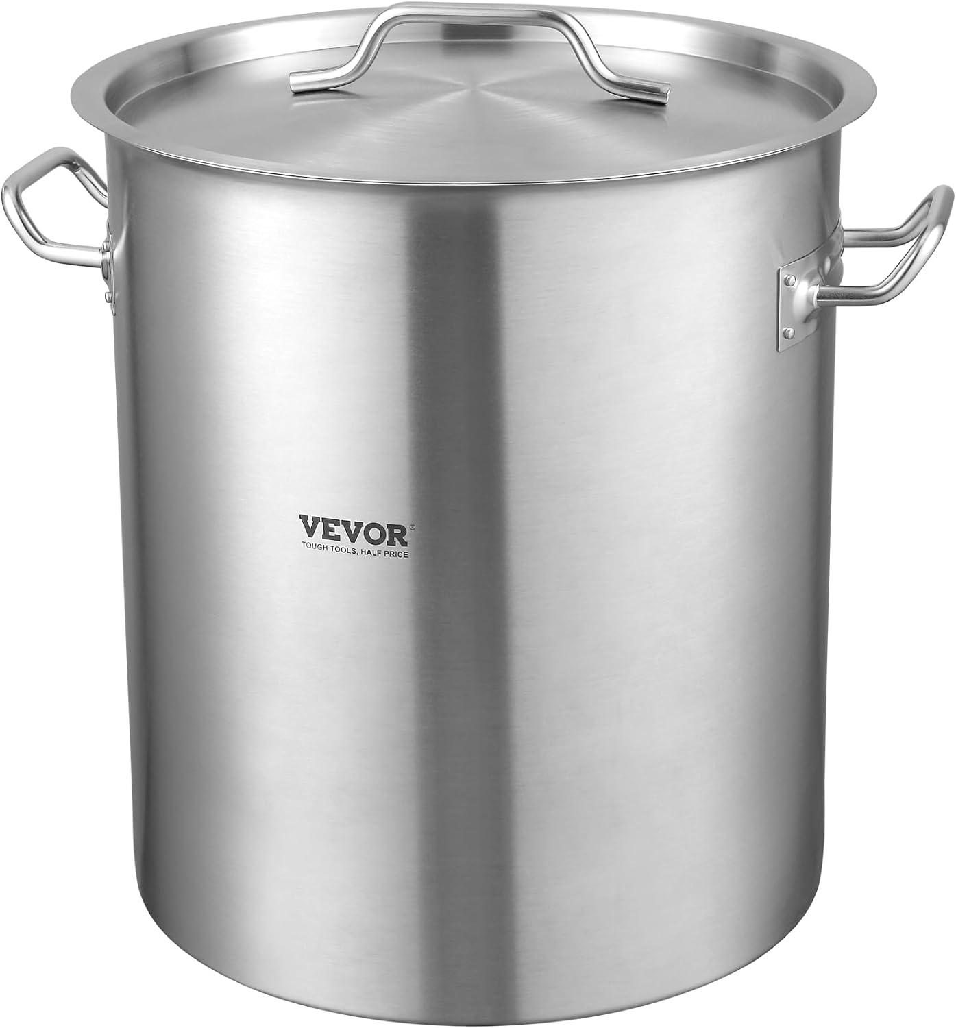 image:imageVEVOR Stainless Steel Stockpot 84 Quart Large Cooking Pots Cookware Sauce Pot with Basket Lid and Handle Heavy Duty Commercial Grade Stock Pot Sanding Treatment for Large Groups Events Silver42 Quarts