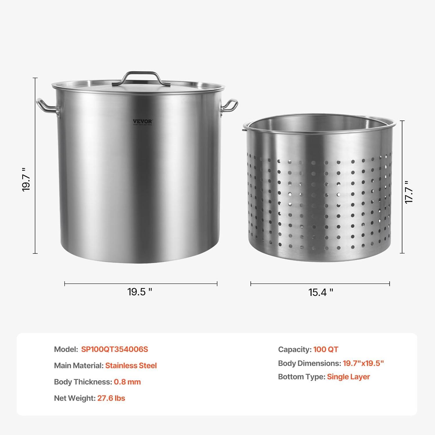 image:imageVEVOR Stainless Steel Stockpot 84 Quart Large Cooking Pots Cookware Sauce Pot with Basket Lid and Handle Heavy Duty Commercial Grade Stock Pot Sanding Treatment for Large Groups Events Silver100 Quarts