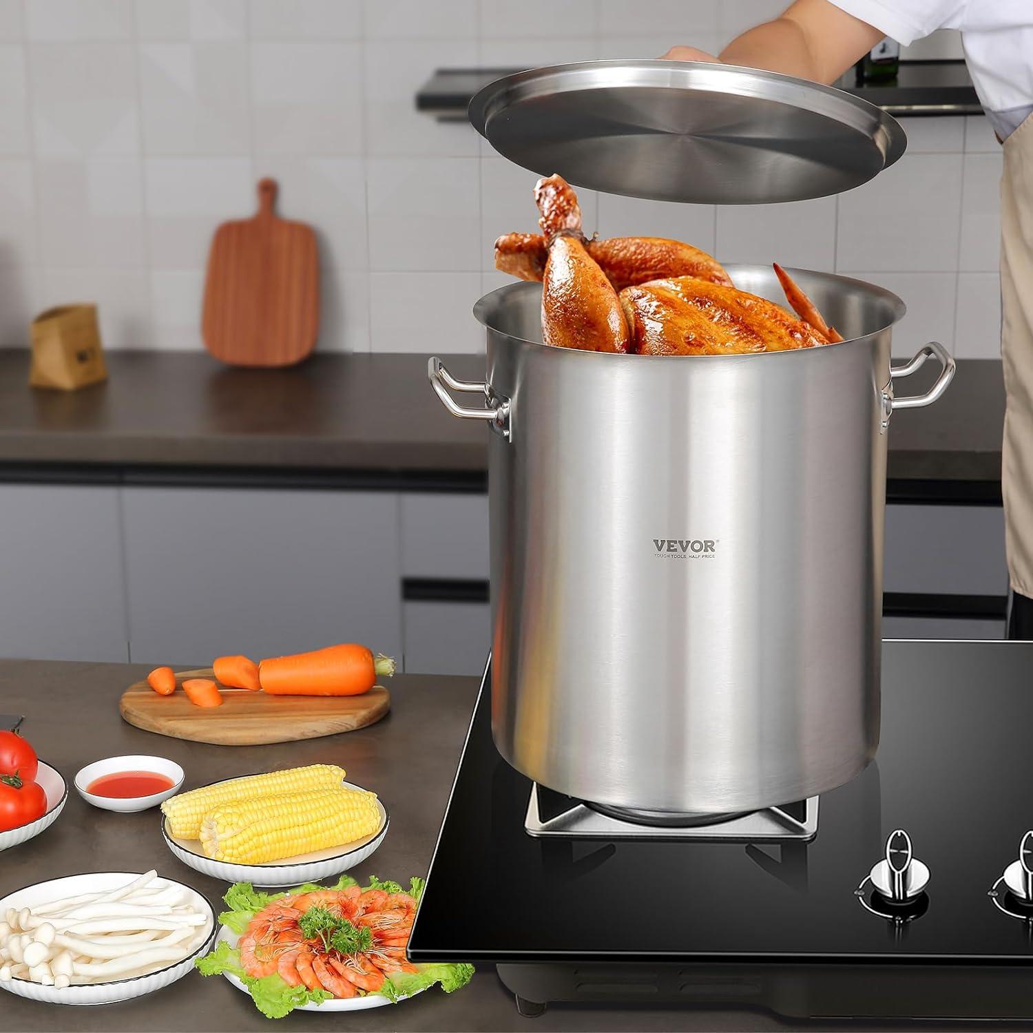 image:imageVEVOR Stainless Steel Stockpot 84 Quart Large Cooking Pots Cookware Sauce Pot with Basket Lid and Handle Heavy Duty Commercial Grade Stock Pot Sanding Treatment for Large Groups Events Silver42 Quarts