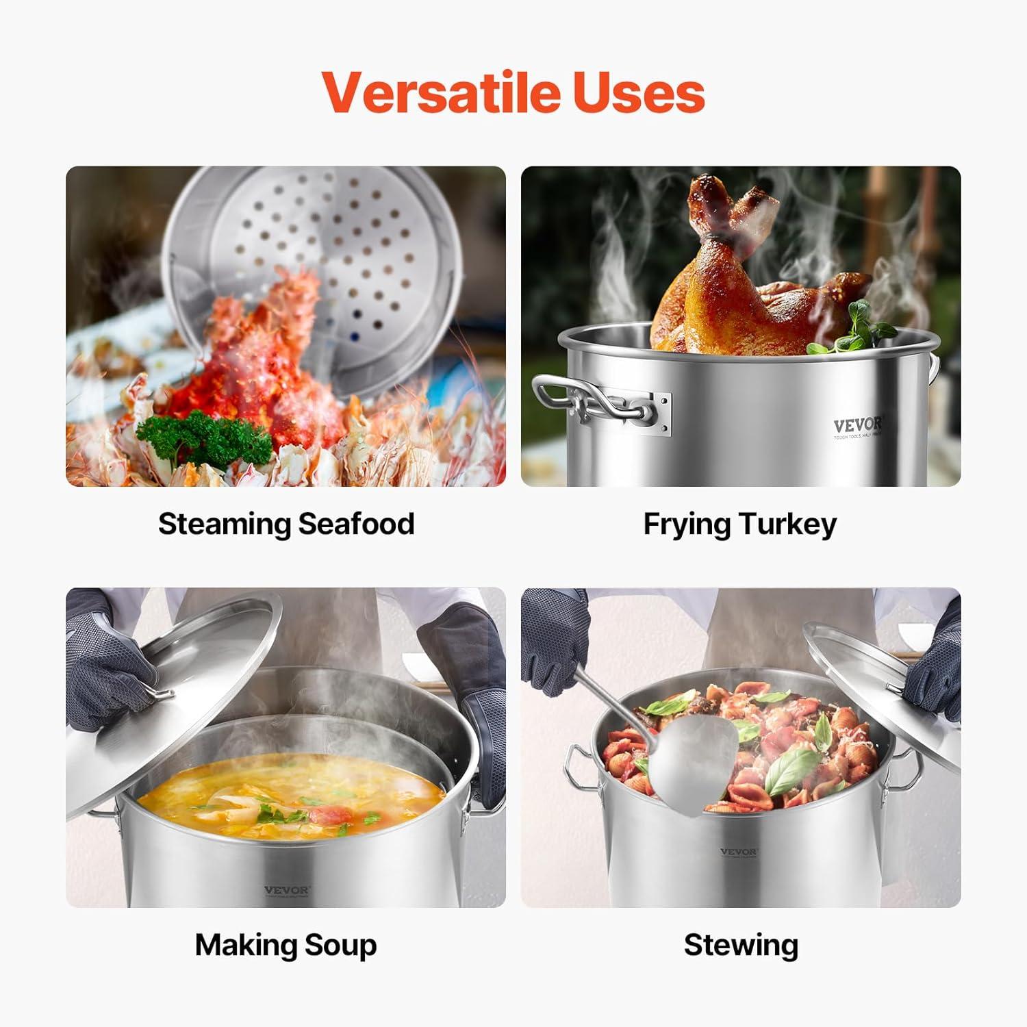 image:imageVEVOR Stainless Steel Stockpot 84 Quart Large Cooking Pots Cookware Sauce Pot with Basket Lid and Handle Heavy Duty Commercial Grade Stock Pot Sanding Treatment for Large Groups Events Silver100 Quarts