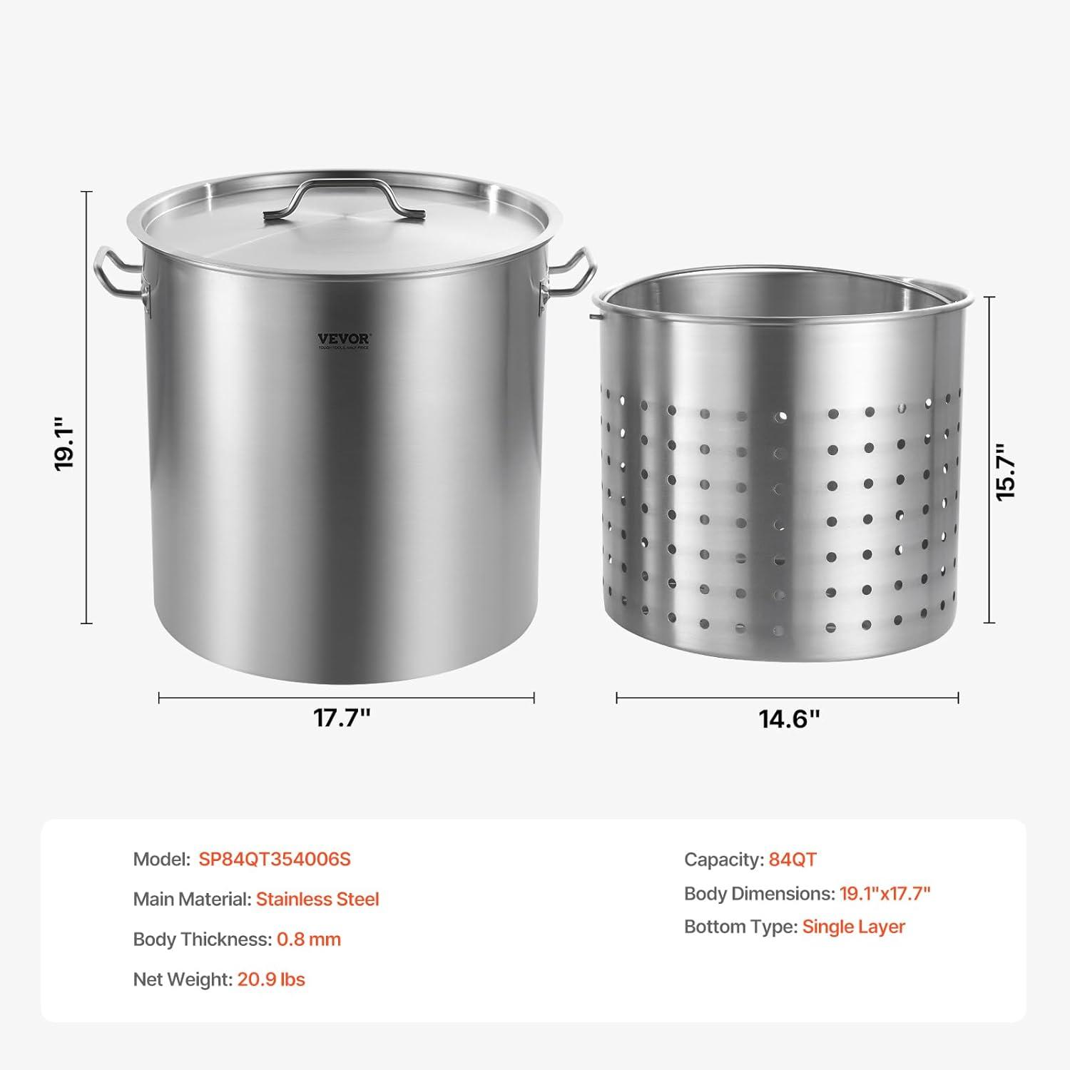 image:imageVEVOR Stainless Steel Stockpot 84 Quart Large Cooking Pots Cookware Sauce Pot with Basket Lid and Handle Heavy Duty Commercial Grade Stock Pot Sanding Treatment for Large Groups Events Silver84 Quarts