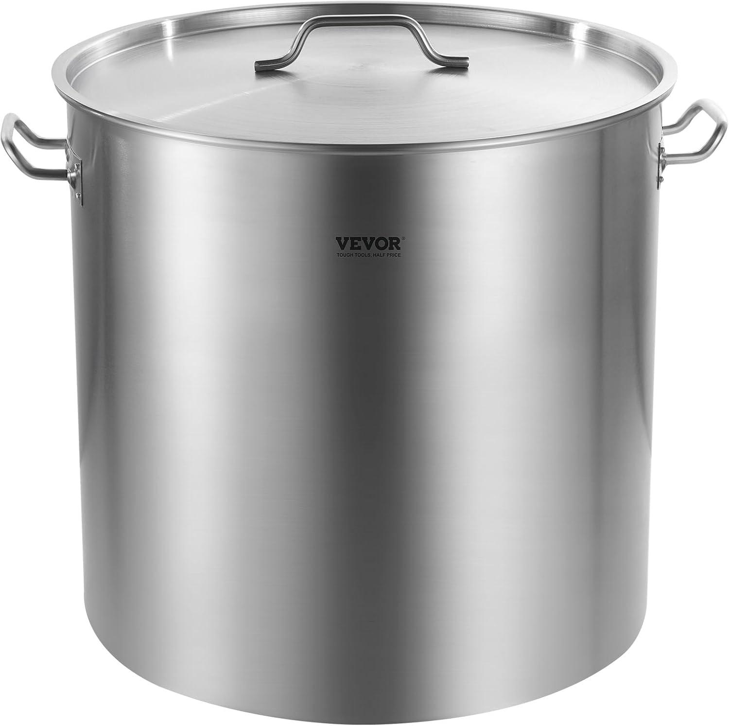 image:imageVEVOR Stainless Steel Stockpot 84 Quart Large Cooking Pots Cookware Sauce Pot with Basket Lid and Handle Heavy Duty Commercial Grade Stock Pot Sanding Treatment for Large Groups Events Silver100 Quarts