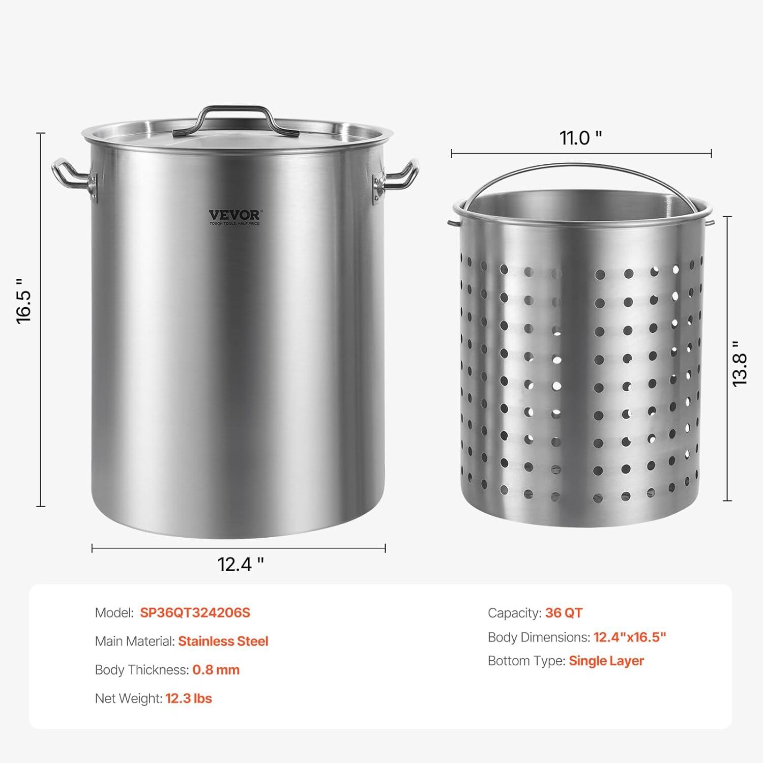 image:imageVEVOR Stainless Steel Stockpot 84 Quart Large Cooking Pots Cookware Sauce Pot with Basket Lid and Handle Heavy Duty Commercial Grade Stock Pot Sanding Treatment for Large Groups Events Silver359 Quarts