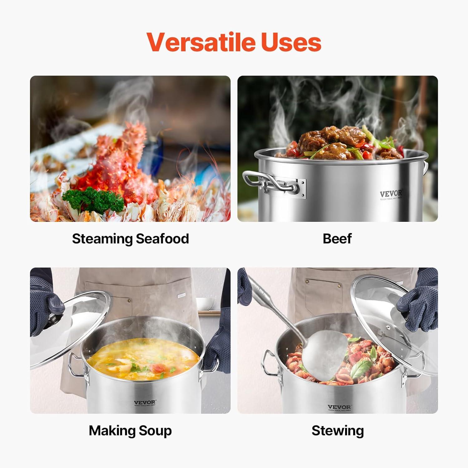 image:imageVEVOR Stainless Steel Stockpot 84 Quart Large Cooking Pots Cookware Sauce Pot with Basket Lid and Handle Heavy Duty Commercial Grade Stock Pot Sanding Treatment for Large Groups Events Silver24 Quarts