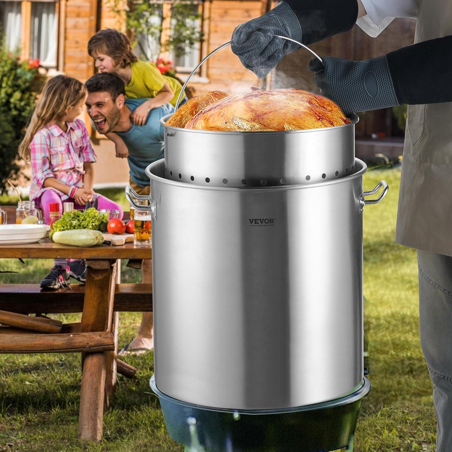 image:imageVEVOR Stainless Steel Stockpot 84 Quart Large Cooking Pots Cookware Sauce Pot with Basket Lid and Handle Heavy Duty Commercial Grade Stock Pot Sanding Treatment for Large Groups Events Silver639 Quarts