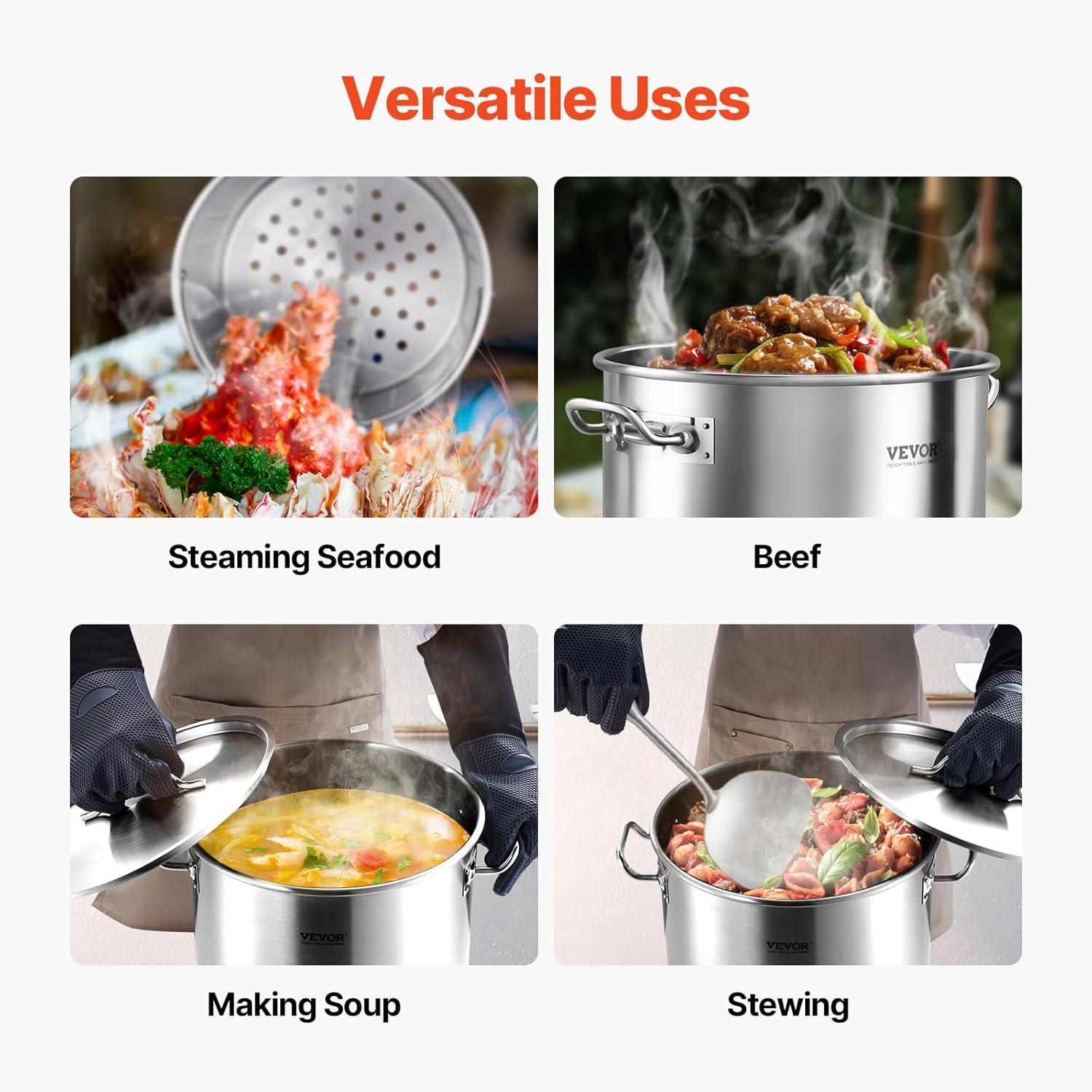 image:imageVEVOR Stainless Steel Stockpot 84 Quart Large Cooking Pots Cookware Sauce Pot with Basket Lid and Handle Heavy Duty Commercial Grade Stock Pot Sanding Treatment for Large Groups Events Silver359 Quarts