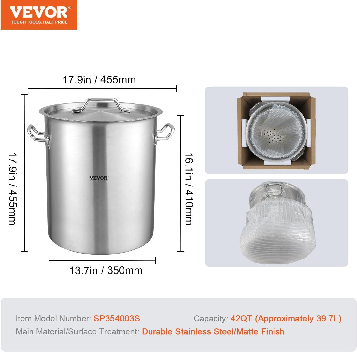 image:imageVEVOR Stainless Steel Stockpot 84 Quart Large Cooking Pots Cookware Sauce Pot with Basket Lid and Handle Heavy Duty Commercial Grade Stock Pot Sanding Treatment for Large Groups Events Silver42 Quarts