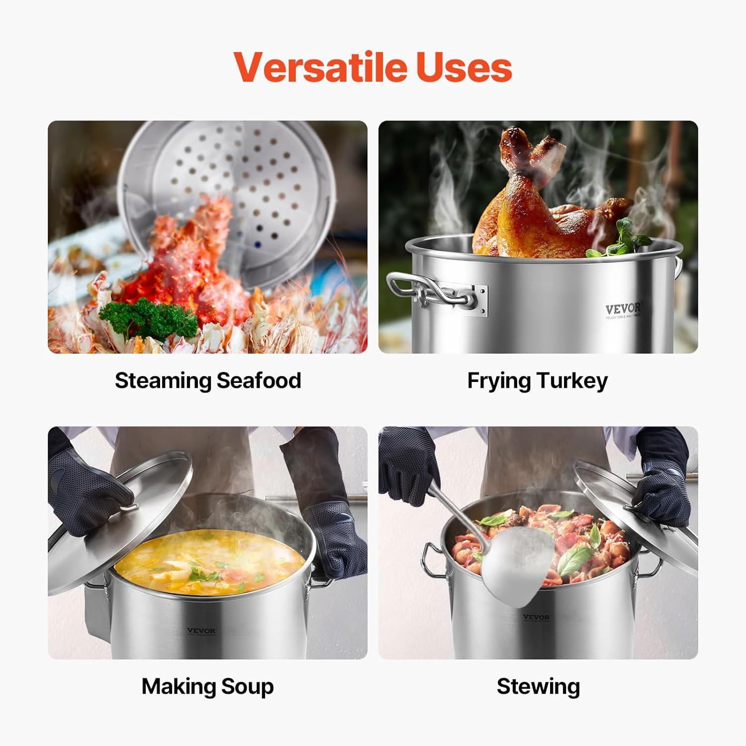 image:imageVEVOR Stainless Steel Stockpot 84 Quart Large Cooking Pots Cookware Sauce Pot with Basket Lid and Handle Heavy Duty Commercial Grade Stock Pot Sanding Treatment for Large Groups Events Silver639 Quarts