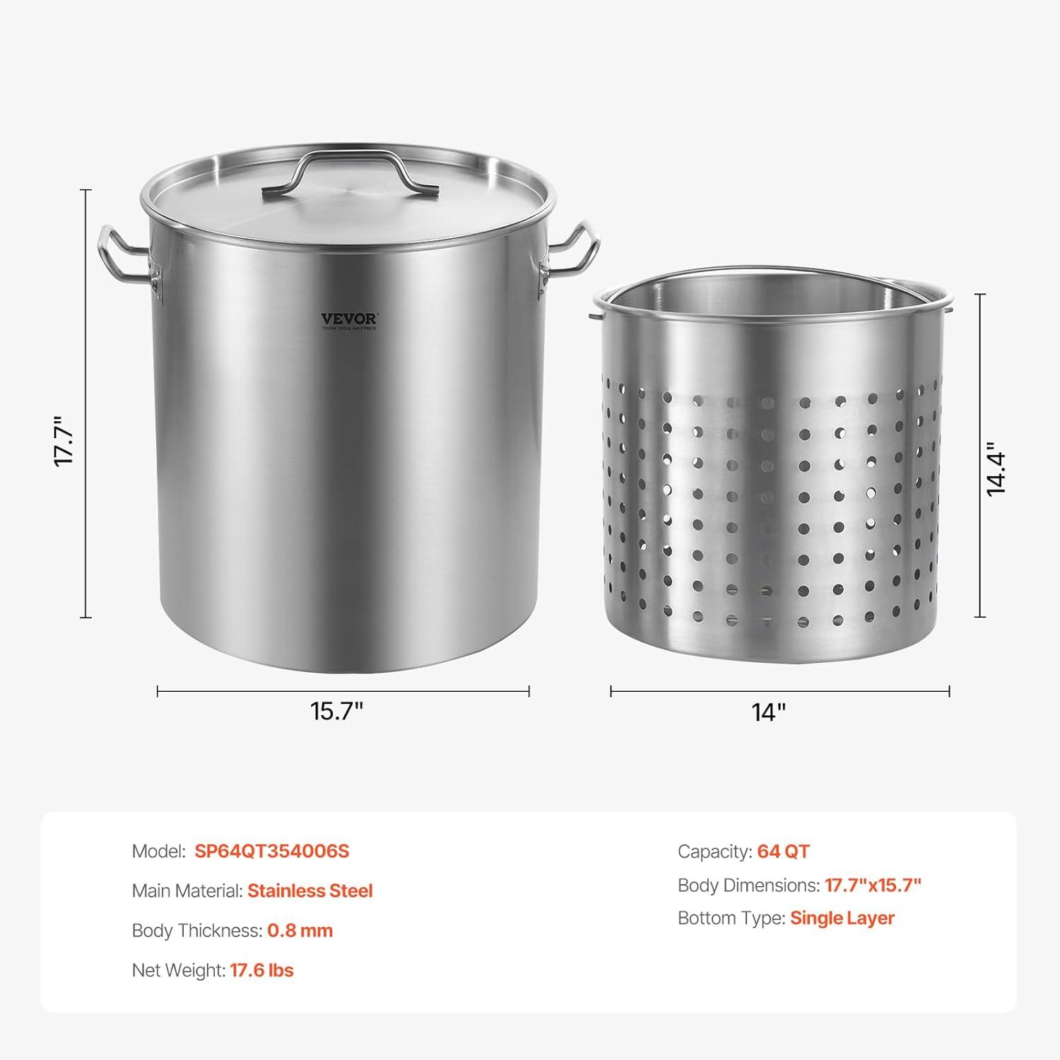 image:imageVEVOR Stainless Steel Stockpot 84 Quart Large Cooking Pots Cookware Sauce Pot with Basket Lid and Handle Heavy Duty Commercial Grade Stock Pot Sanding Treatment for Large Groups Events Silver639 Quarts