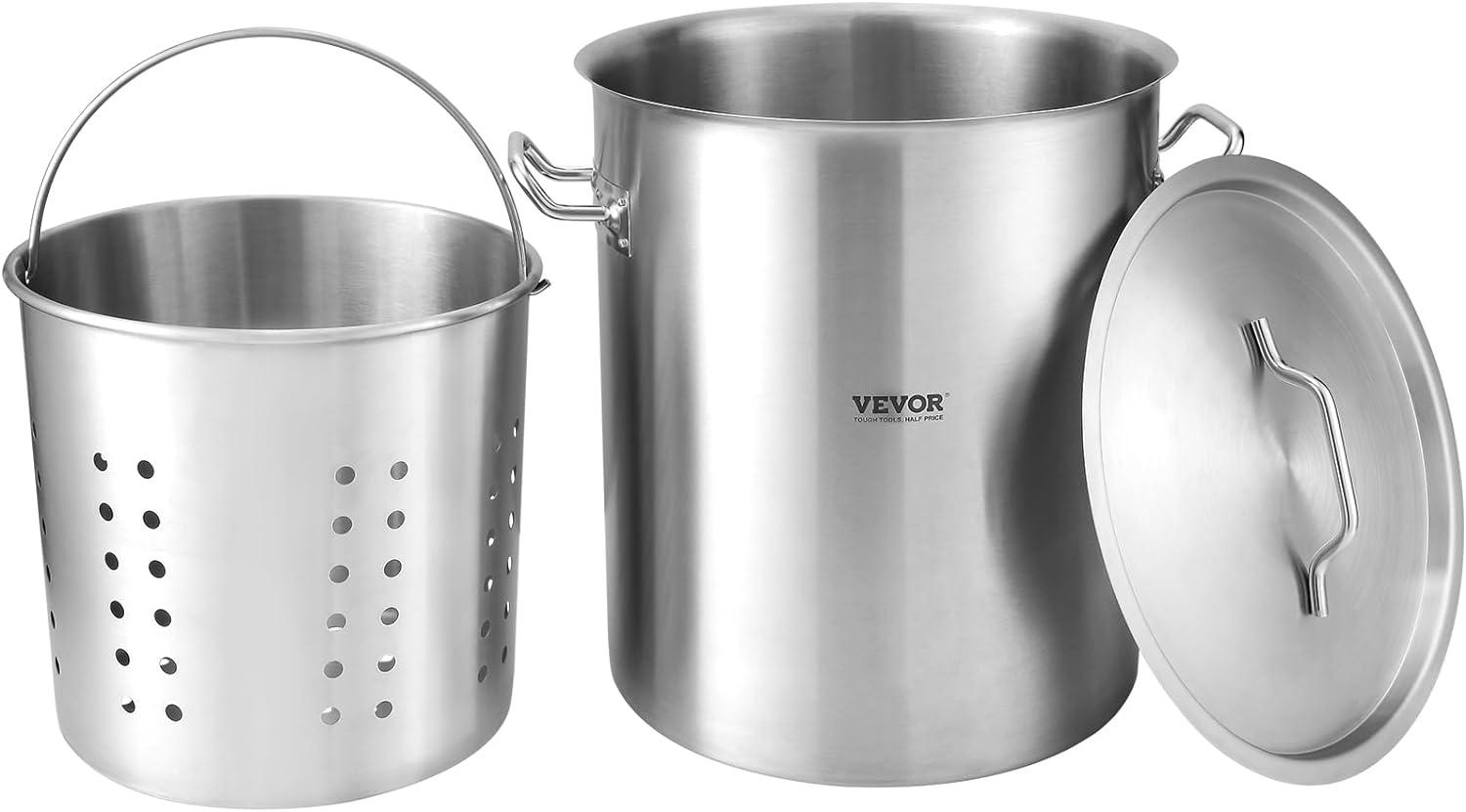 image:imageVEVOR Stainless Steel Stockpot 84 Quart Large Cooking Pots Cookware Sauce Pot with Basket Lid and Handle Heavy Duty Commercial Grade Stock Pot Sanding Treatment for Large Groups Events Silver42 Quarts