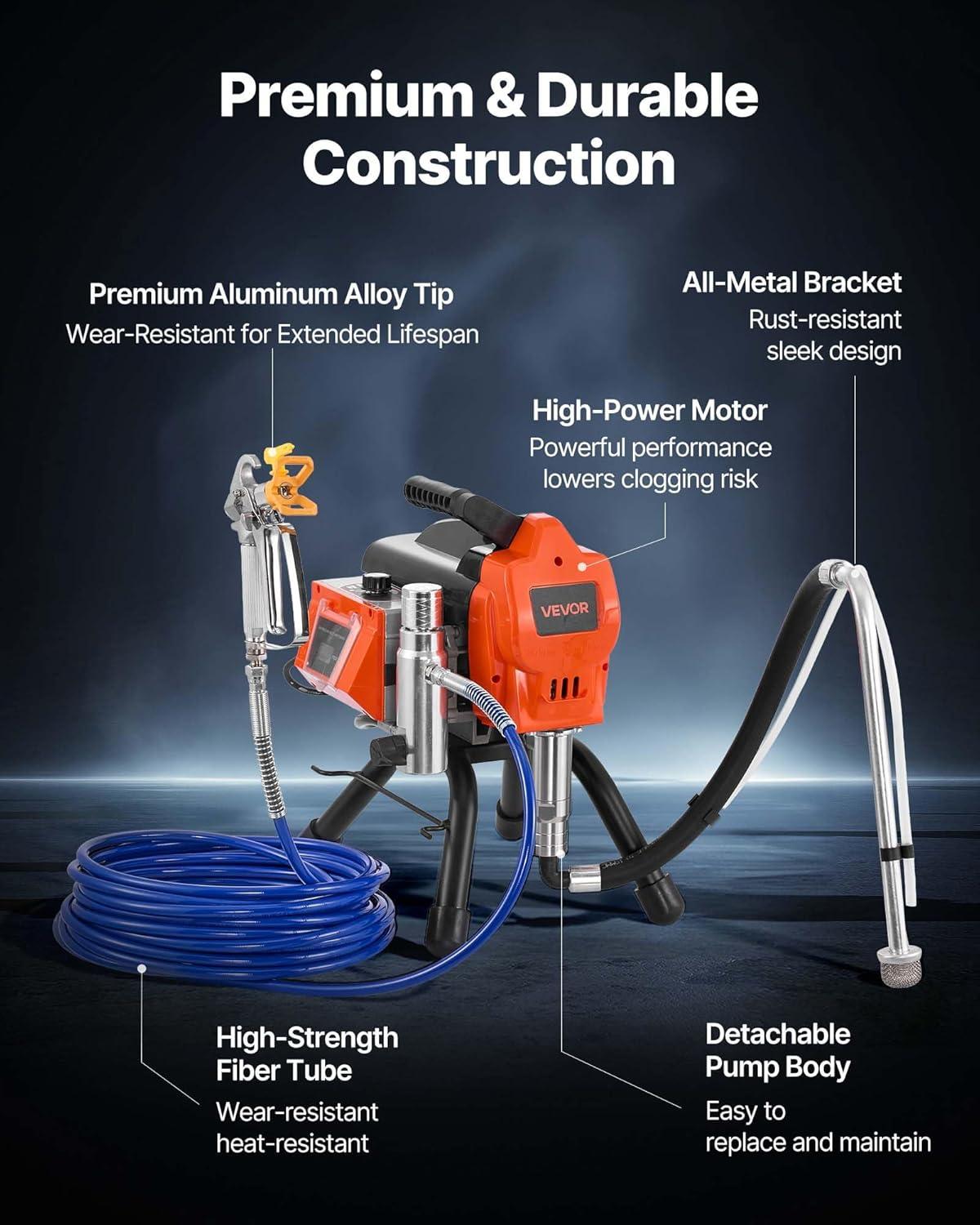 image:imageVEVOR Stand Airless Paint Sprayer 900W 3300PSI High Pressure Airless Sprayer Cleaning Brush Hose Extension Rod Nozzles Electric Spray Paint Machine for Interior or Exterior of House Fence1500W Stand Airless Paint Sprayer