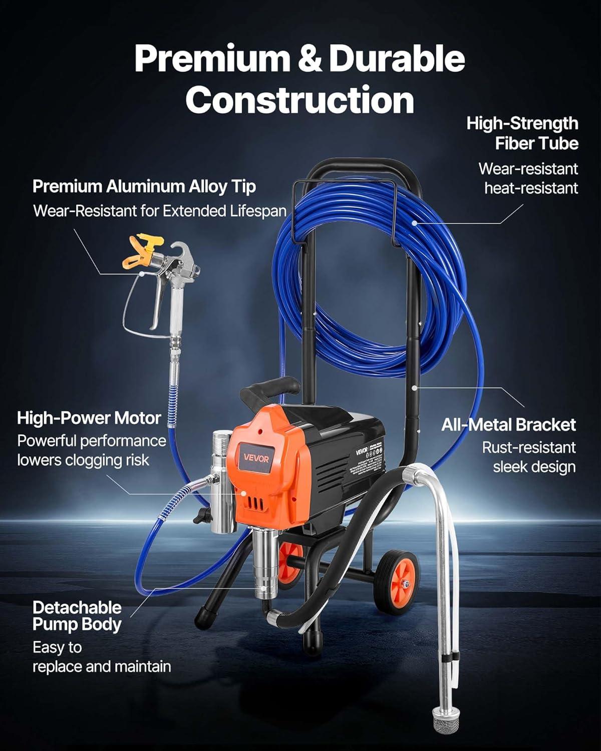 image:imageVEVOR Stand Airless Paint Sprayer 900W 3300PSI High Pressure Airless Sprayer Cleaning Brush Hose Extension Rod Nozzles Electric Spray Paint Machine for Interior or Exterior of House Fence1500W WheeledAirless Paint Sprayer