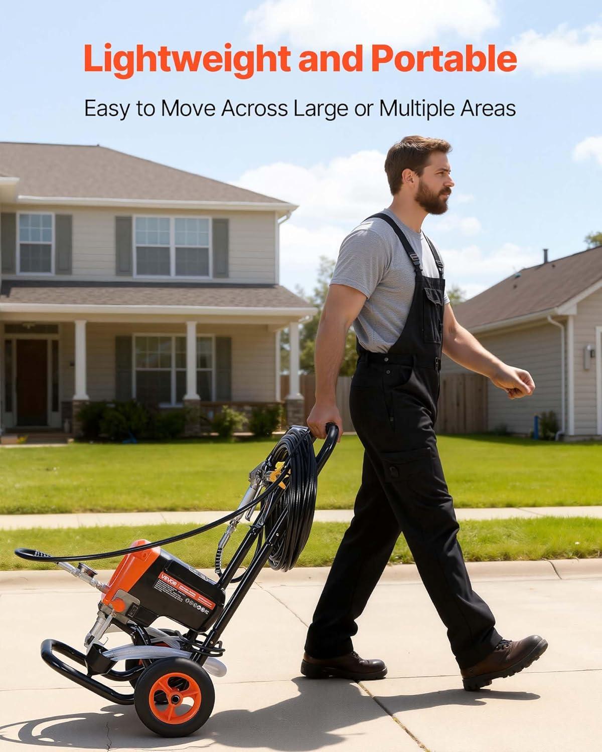 image:imageVEVOR Stand Airless Paint Sprayer 900W 3300PSI High Pressure Airless Sprayer Cleaning Brush Hose Extension Rod Nozzles Electric Spray Paint Machine for Interior or Exterior of House Fence900W WheeledAirless Paint Sprayer
