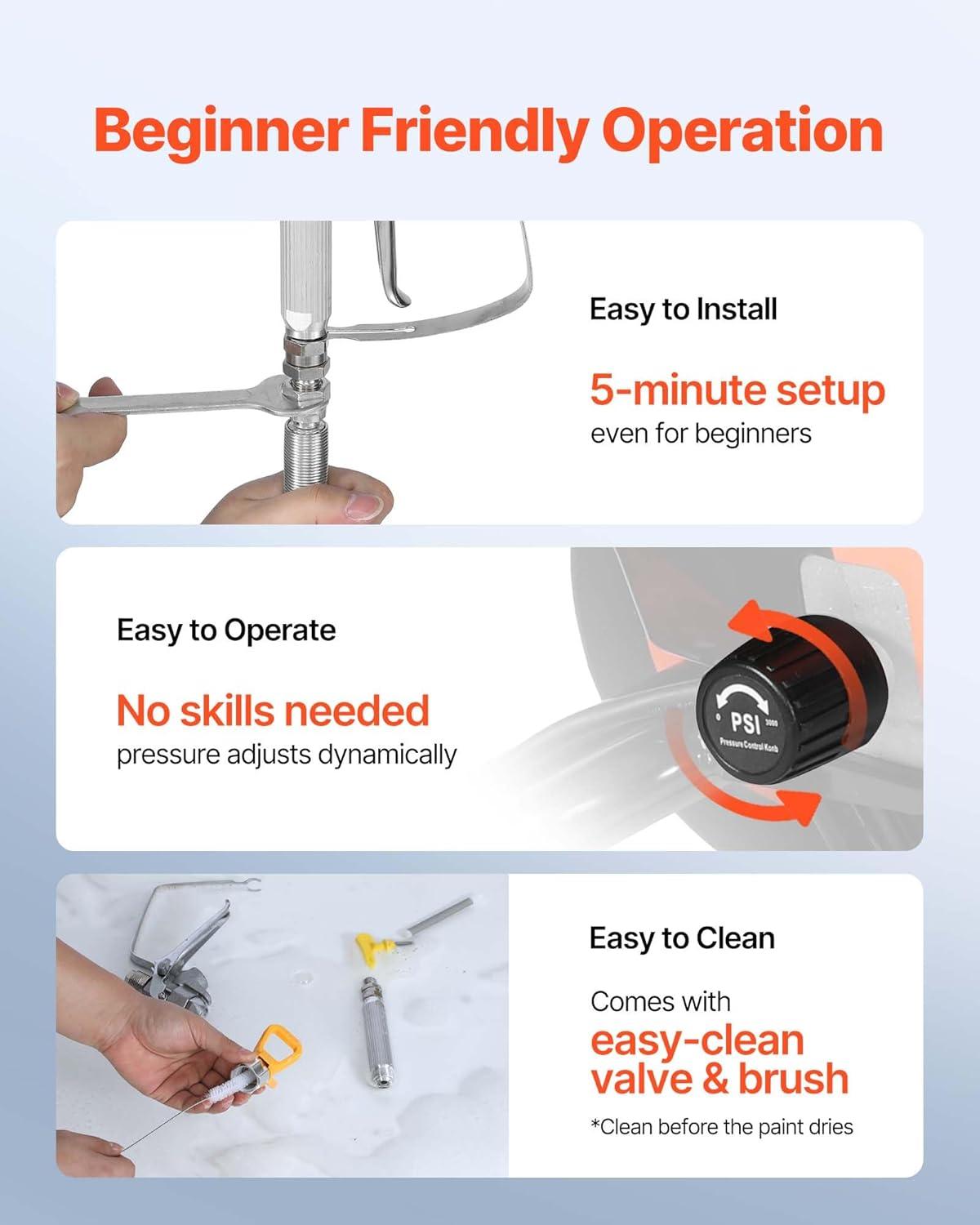 image:imageVEVOR Stand Airless Paint Sprayer 900W 3300PSI High Pressure Airless Sprayer Cleaning Brush Hose Extension Rod Nozzles Electric Spray Paint Machine for Interior or Exterior of House Fence900W Stand Airless Paint Sprayer