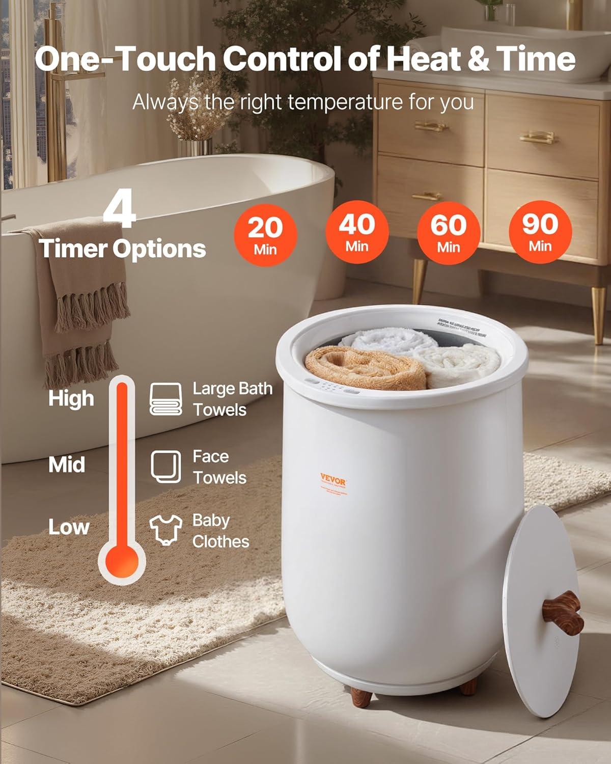 image:imageVEVOR Towel Warmer Bucket 20L Large Towel Warmer for Bathroom Auto Shut Off Towel Heater Fits up to Two 40x70 Oversized Towels Bathrobes Blankets 4Level Timer Towel Warmer Ideal for Spa GrayWhite