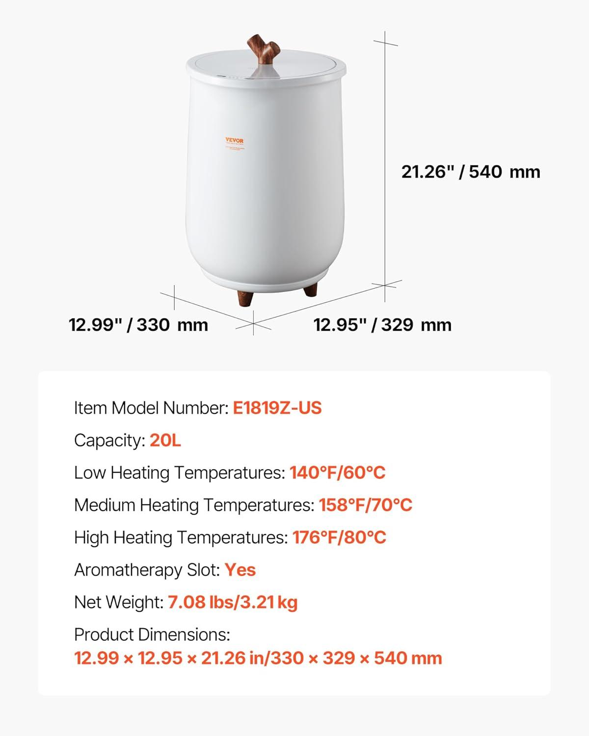 image:imageVEVOR Towel Warmer Bucket 20L Large Towel Warmer for Bathroom Auto Shut Off Towel Heater Fits up to Two 40x70 Oversized Towels Bathrobes Blankets 4Level Timer Towel Warmer Ideal for Spa GrayWhite