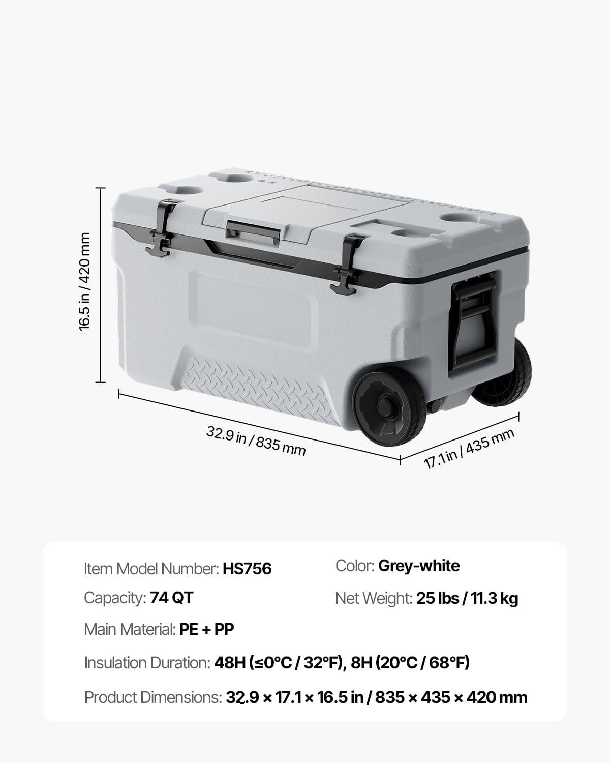 image:imageVEVOR UltraLight Hard Cooler Ice Retention Cooler with Heavy Duty Handle Ice Chest Lunch Box for Camping Travel Outdoor Keeps Cool for up to 6 Days 30 Lighter Than Rotomolded Coolers74 QT with wheels
